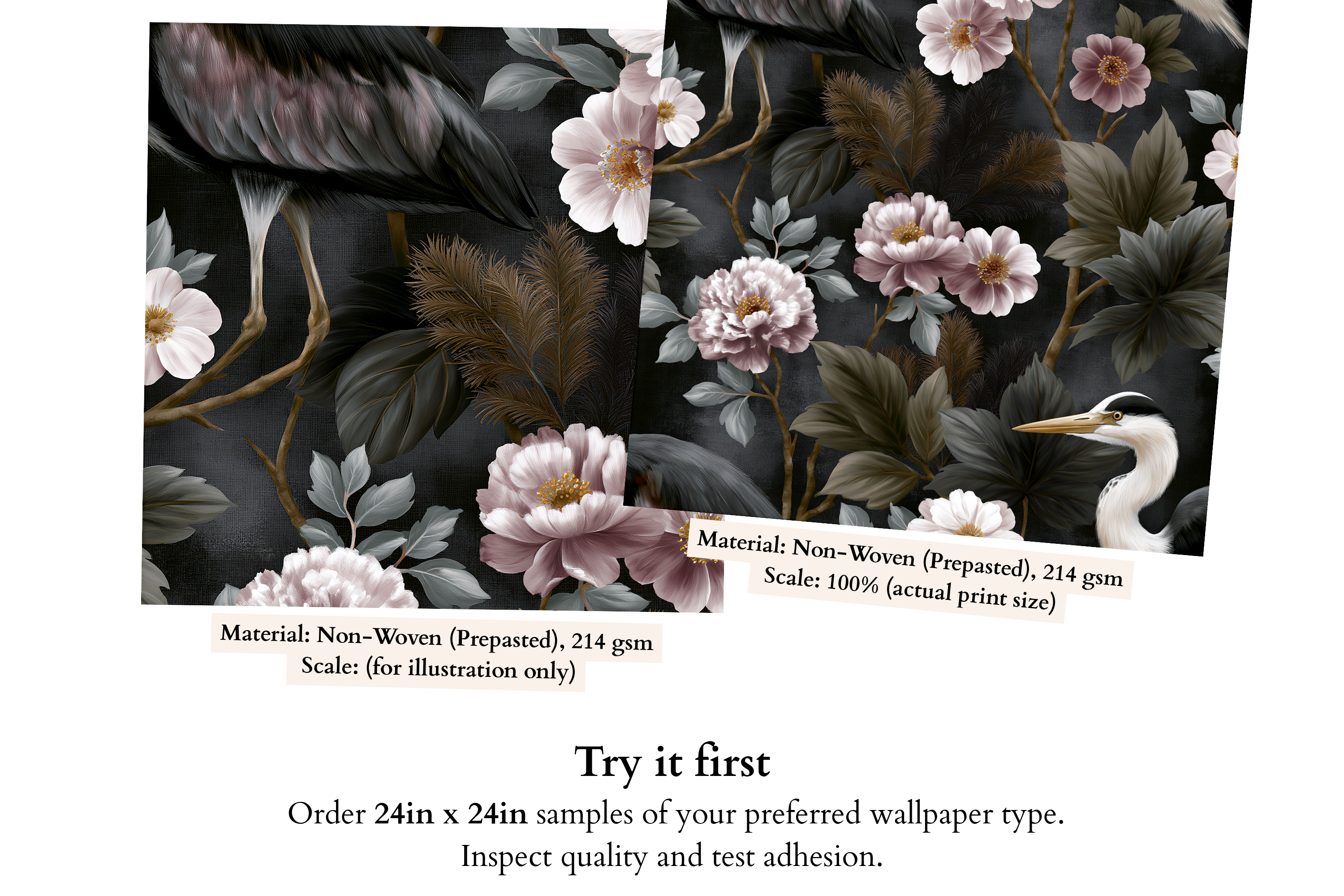 Close-up detail of white heron plumage, blush pink peony blossom with golden centre, and copper fern frond on dark charcoal chinoiserie wallpaper — high-definition painterly fade-resistant print by WallpaperPixi