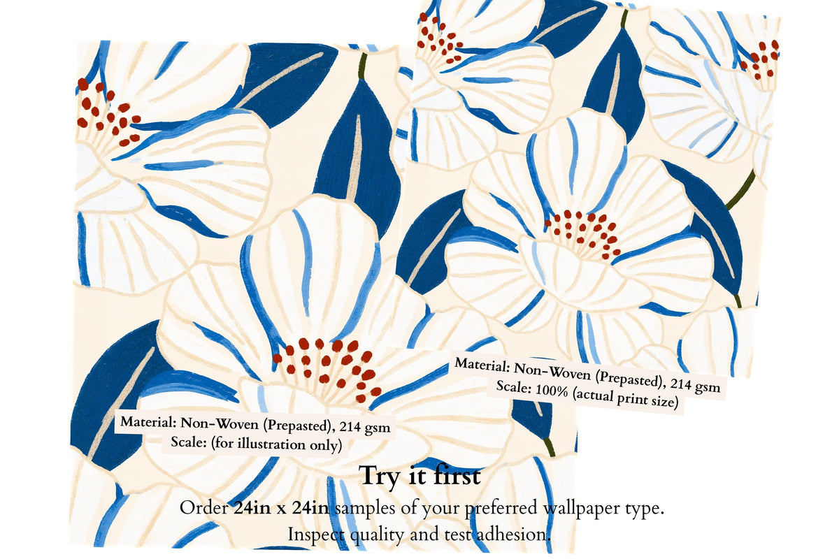 Cobalt blue and white flower wallpaper with terracotta centres on an ivory background