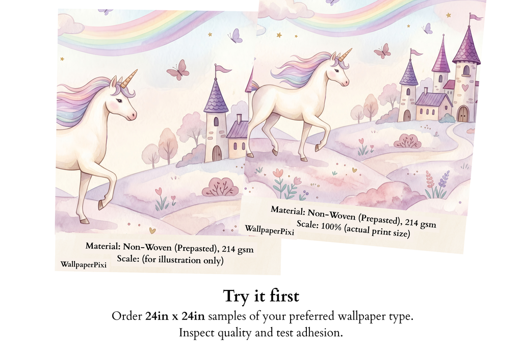 Unicorn Wallpaper Mural | Pastel Rainbow Castle Girls Nursery Watercolour Design