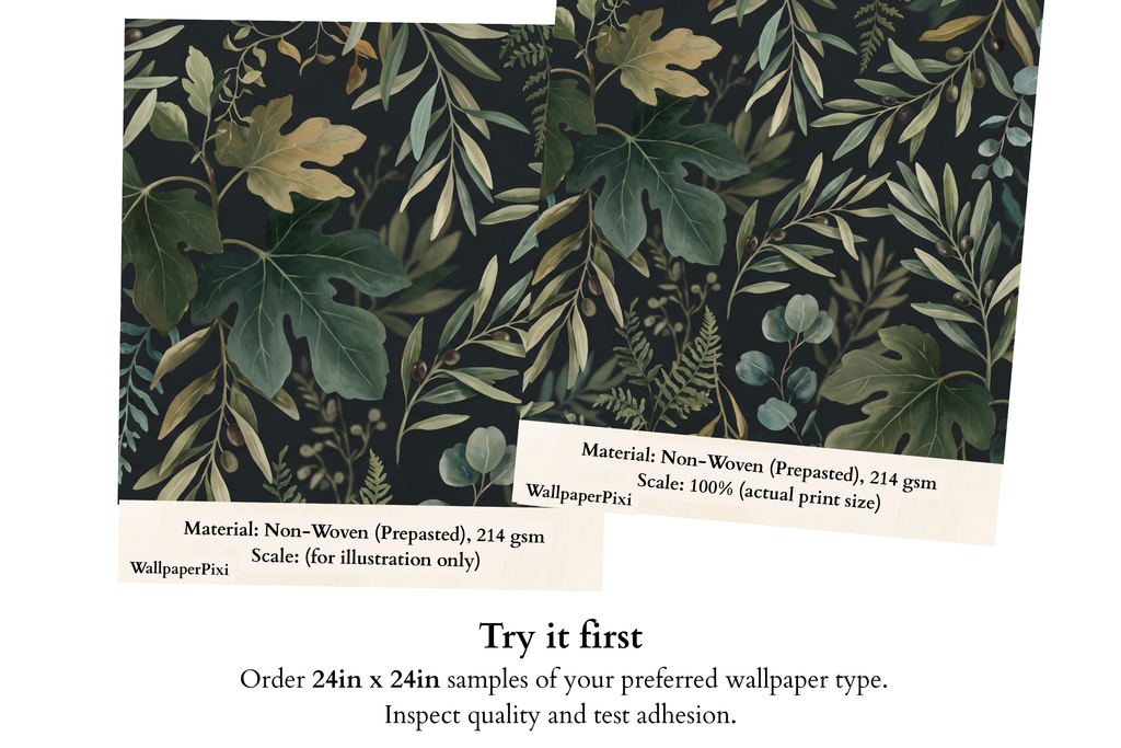 Dark Botanical Wallpaper | Moody Olive Eucalyptus Fig Leaf Watercolour Design