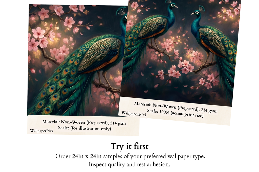 Dark Peacock Wall Mural | Chinoiserie Cherry Blossom Bird Botanical Design