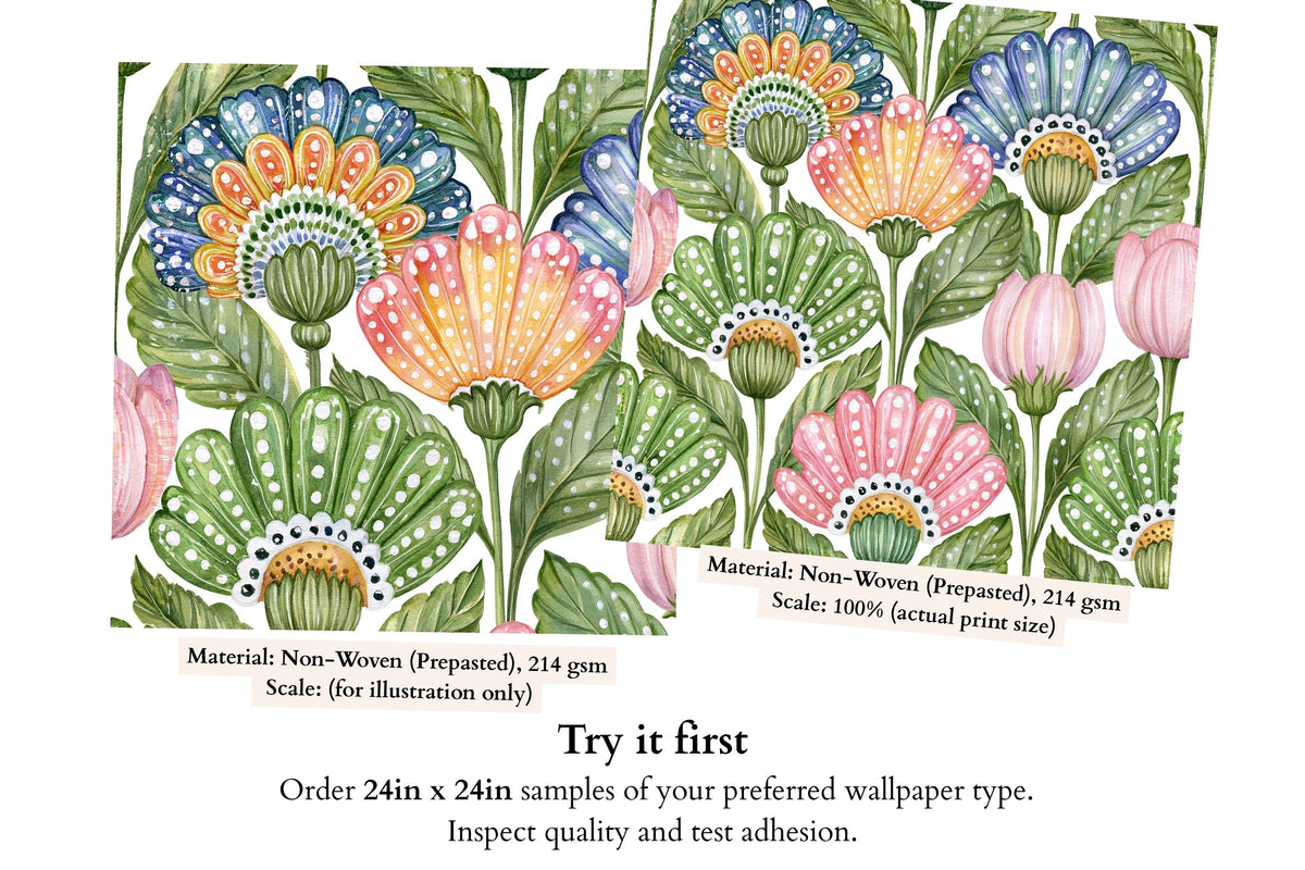 Hand-painted floral wallpaper featuring colorful daisies and lush green foliage