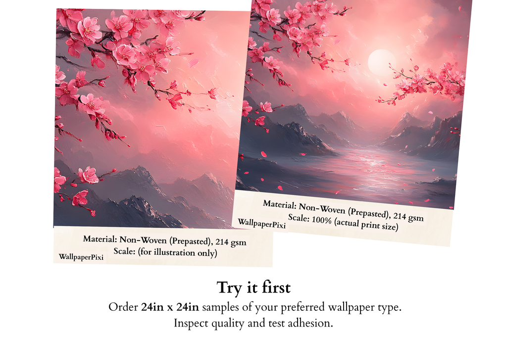 Cherry Blossom Mountain Sunset Wall Mural | Pink Japanese Oil Painting Design
