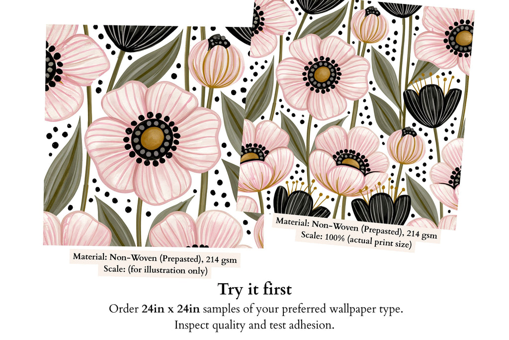 Modern watercolor floral wallpaper with black blossoms and muted green foliage