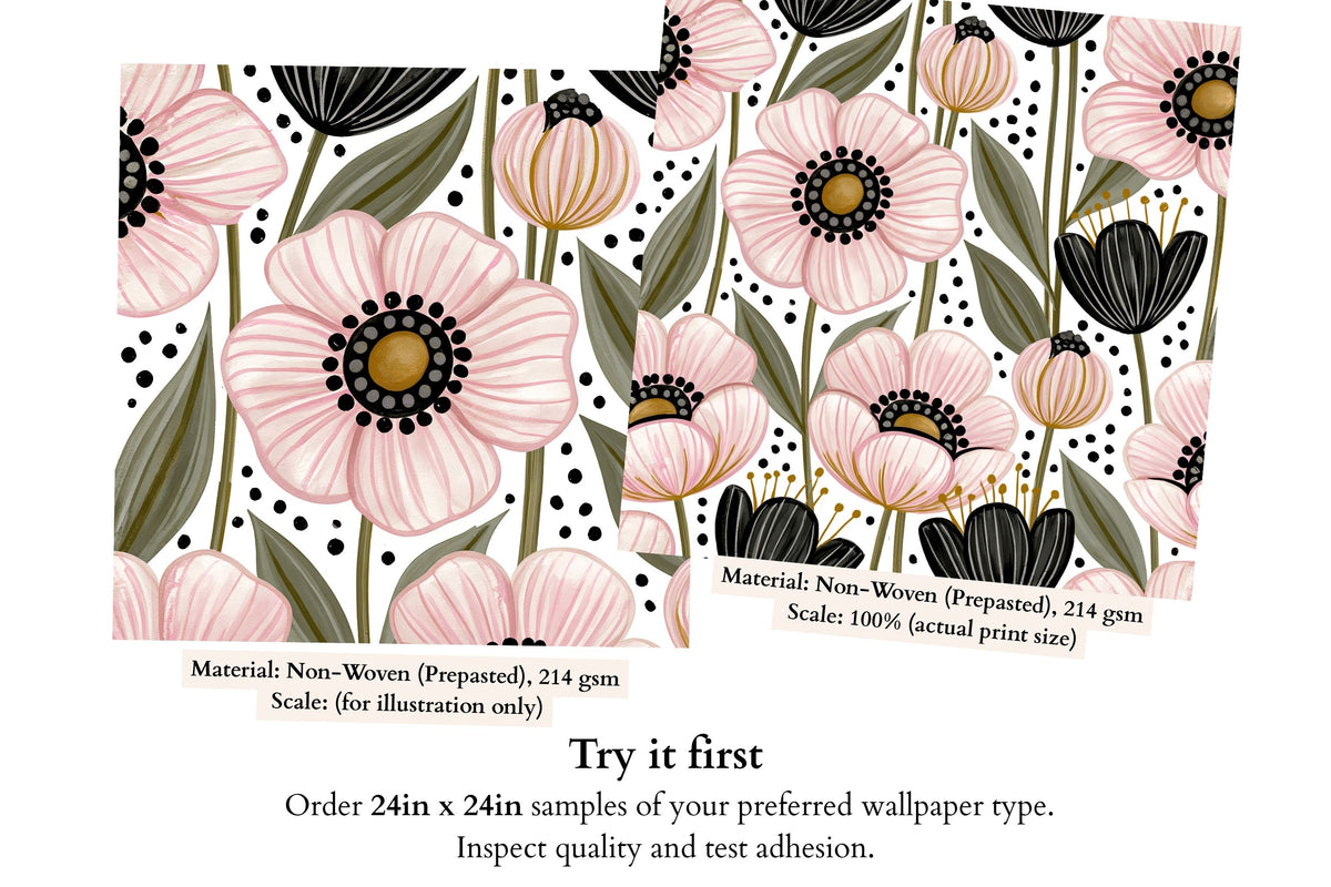 Modern watercolor floral wallpaper with black blossoms and muted green foliage