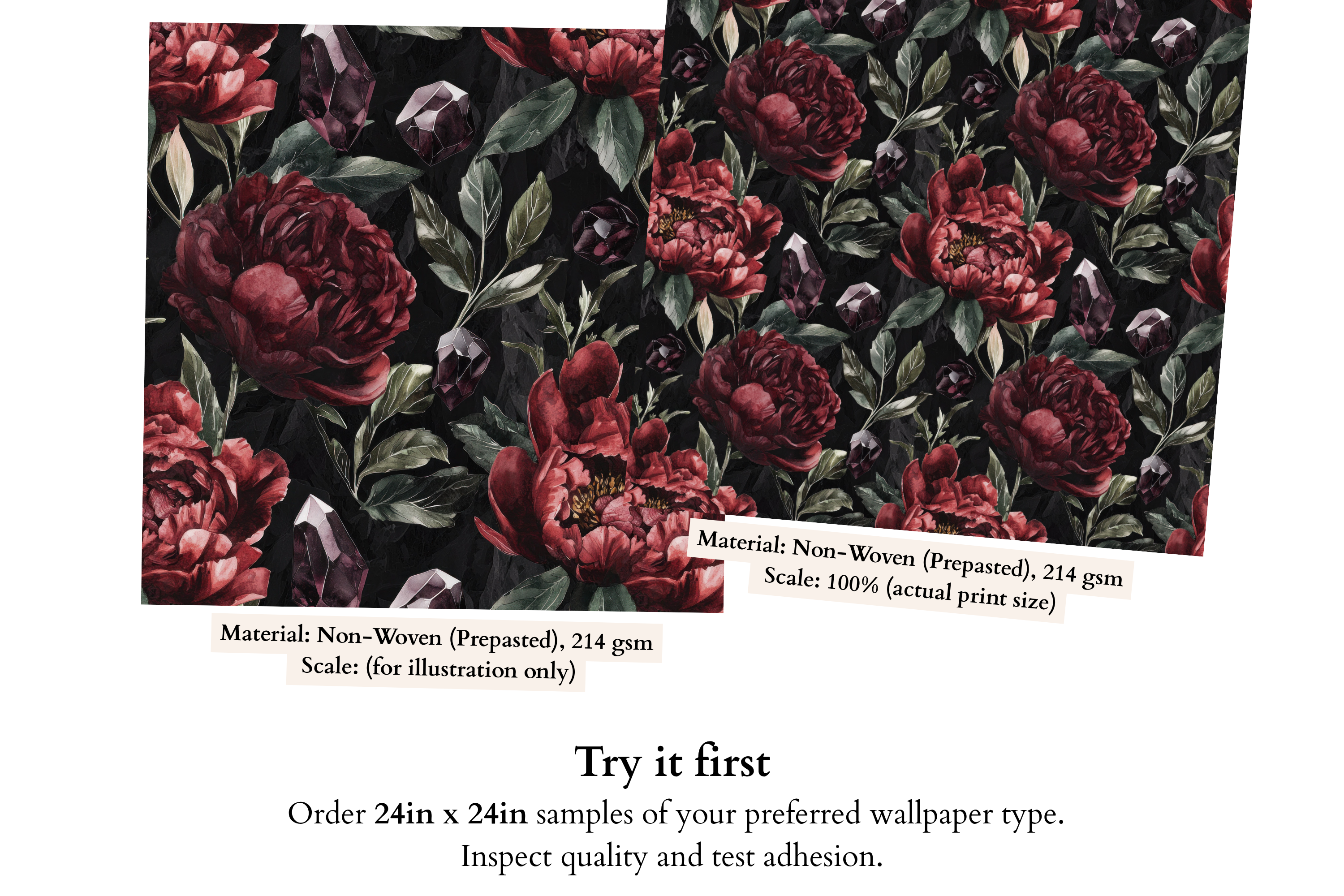 Close-up detail of burgundy peony bloom with golden stamens beside a faceted amethyst crystal gemstone on dark gothic floral wallpaper — high-definition fade-resistant print by WallpaperPixi