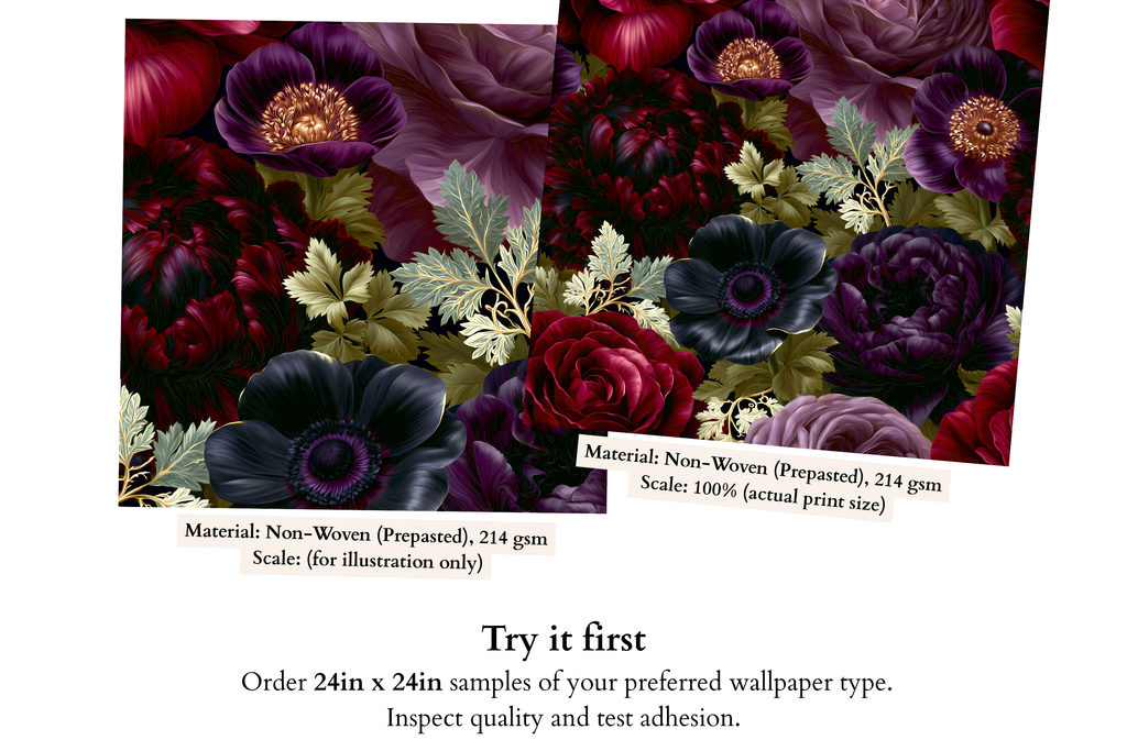 Close-up detail of near-black anemone with copper-gold centre beside deep crimson rose and gilded gold botanical leaf on dark gothic floral wallpaper — high-definition fade-resistant print by WallpaperPixi
