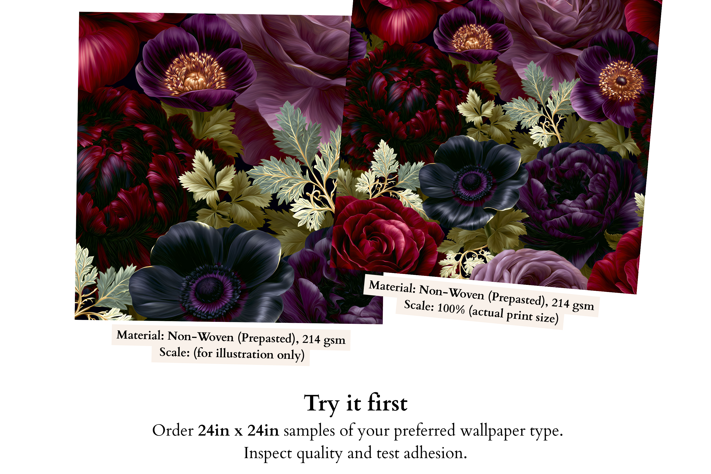 Close-up detail of near-black anemone with copper-gold centre beside deep crimson rose and gilded gold botanical leaf on dark gothic floral wallpaper — high-definition fade-resistant print by WallpaperPixi