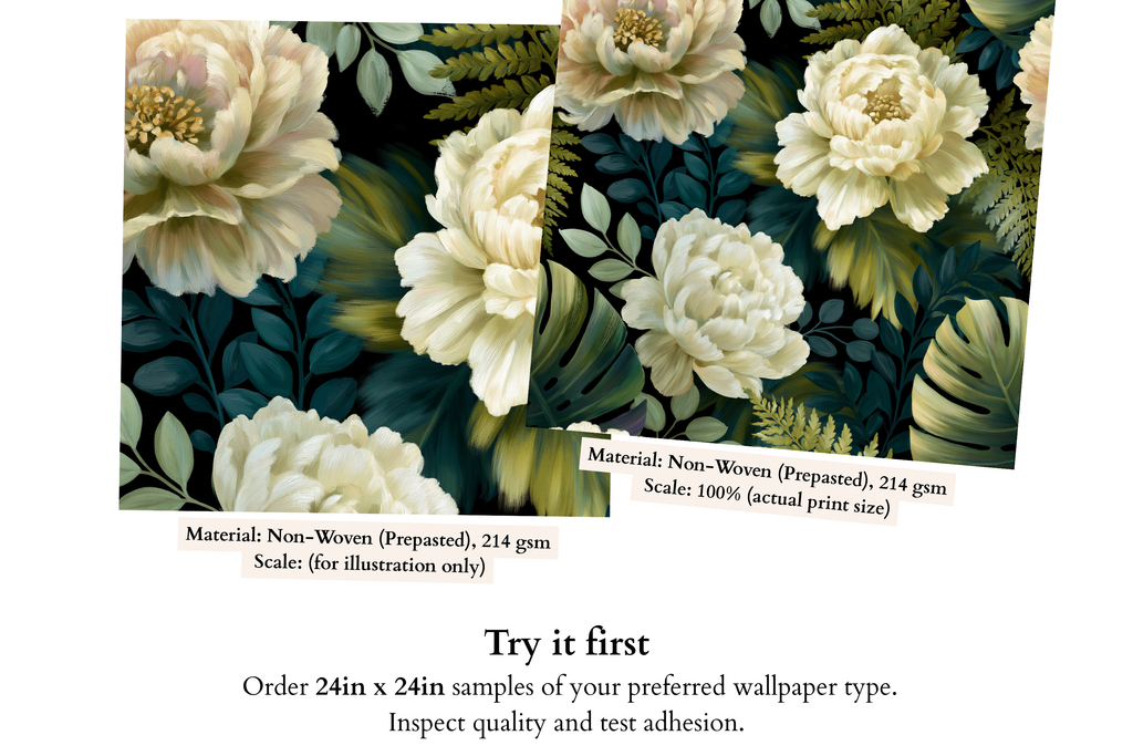 Close-up detail of oil-painted ivory peony bloom with golden centre, golden fern frond, and monstera leaf on dark near-black tropical botanical wallpaper — high-definition painterly fade-resistant print by WallpaperPixi