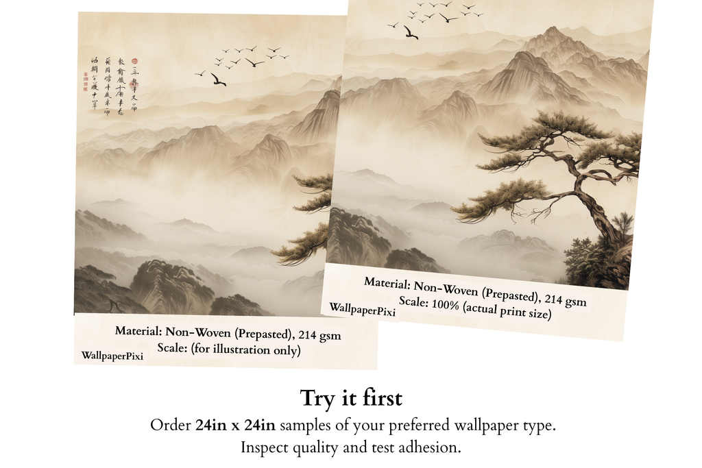 Japanese Zen Mountain Wall Mural | Asian Ink Painting Landscape Design