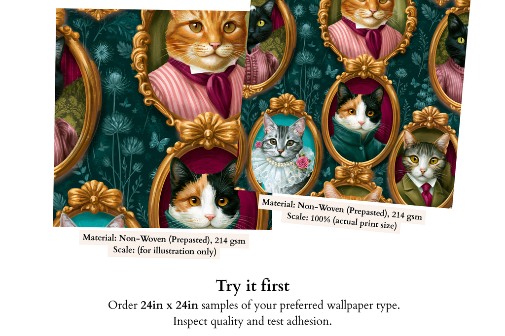 Close-up detail of orange tabby cat in pink striped blouse inside ornate gold Rococo frame on deep teal Victorian gallery wallpaper — high-definition painterly fade-resistant print by WallpaperPixi