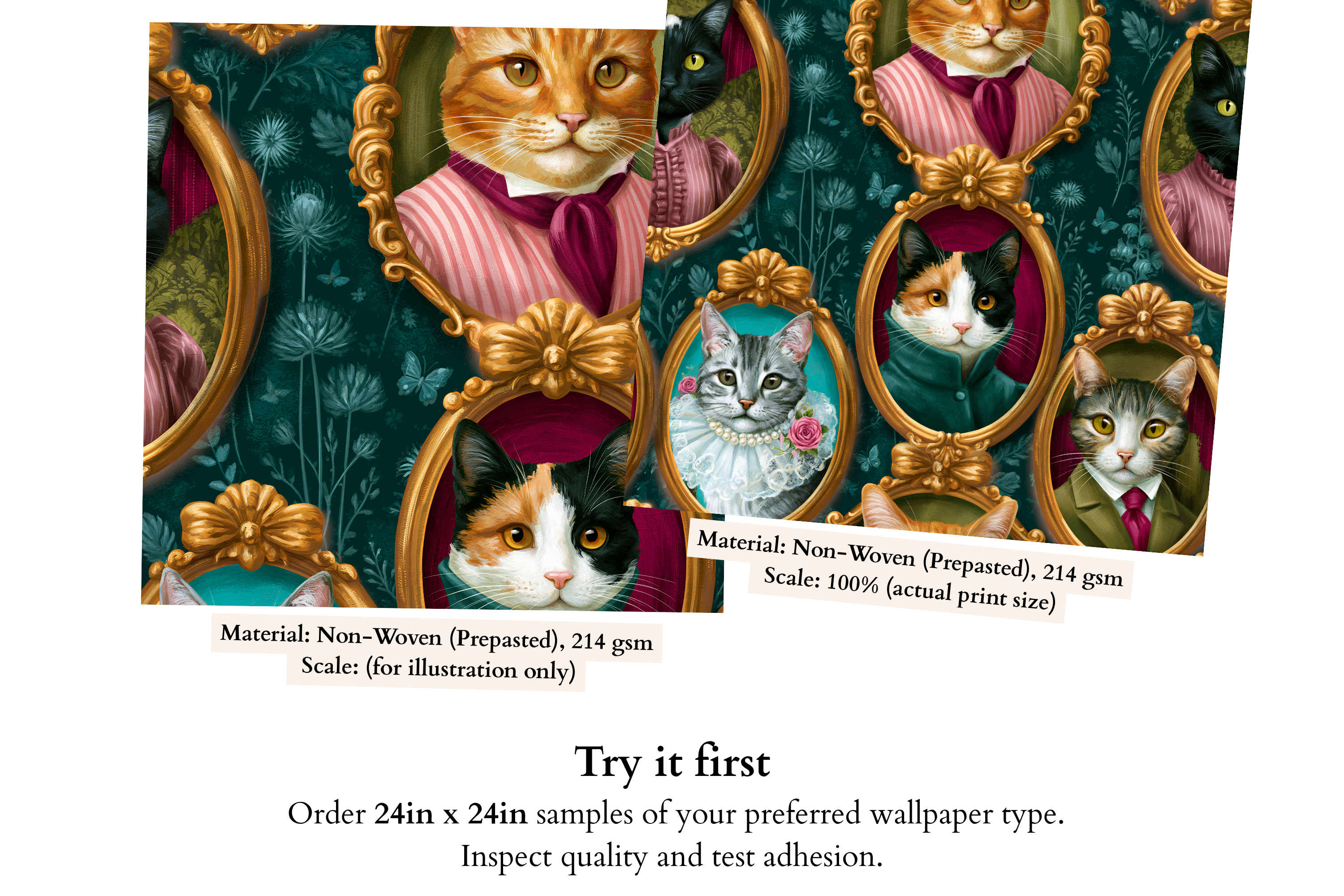 Close-up detail of orange tabby cat in pink striped blouse inside ornate gold Rococo frame on deep teal Victorian gallery wallpaper — high-definition painterly fade-resistant print by WallpaperPixi