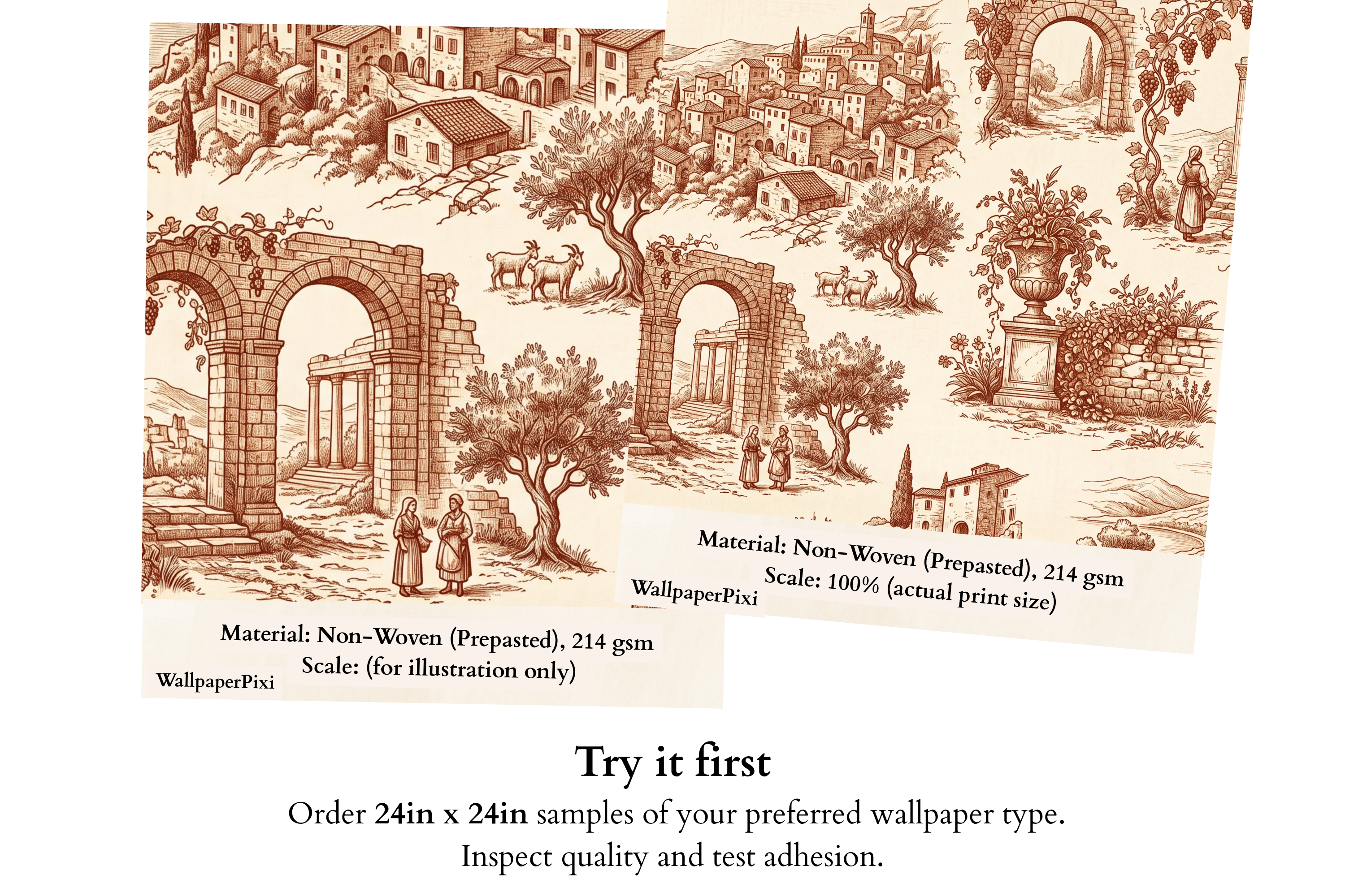 Vintage Toile de Jouy Wallpaper | Tuscan Village Terracotta Vintage Wall Mural Design