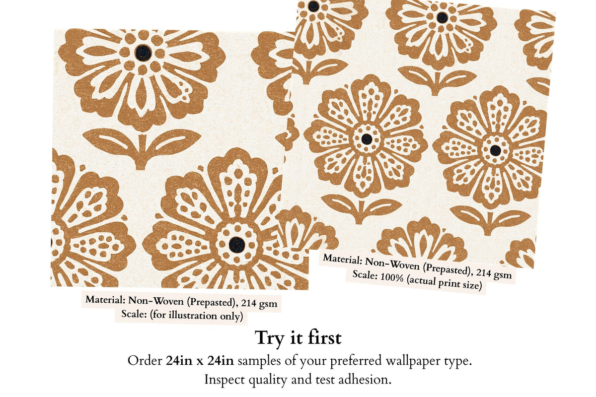 Brown and cream botanical wallpaper with decorative symmetrical flower motifs