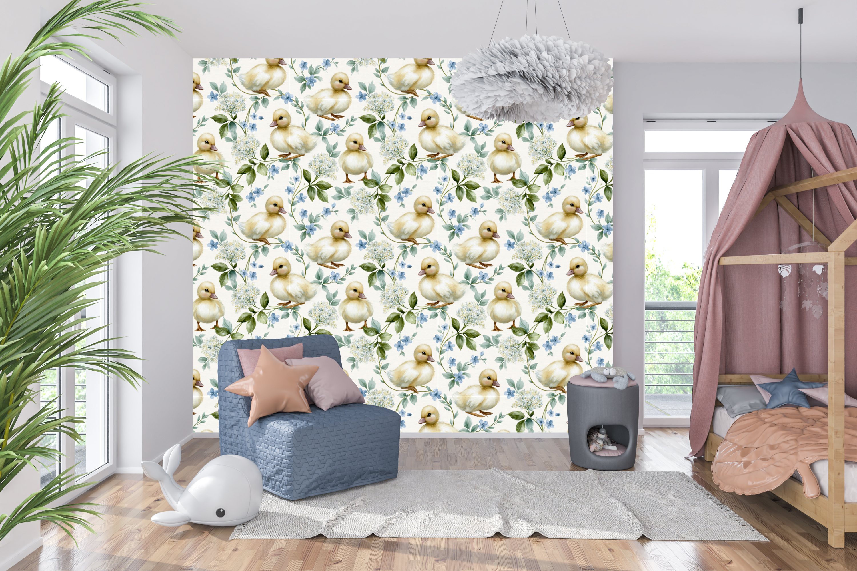 Duckling Nursery Peel and Stick Wallpaper Watercolour Floral Baby Room