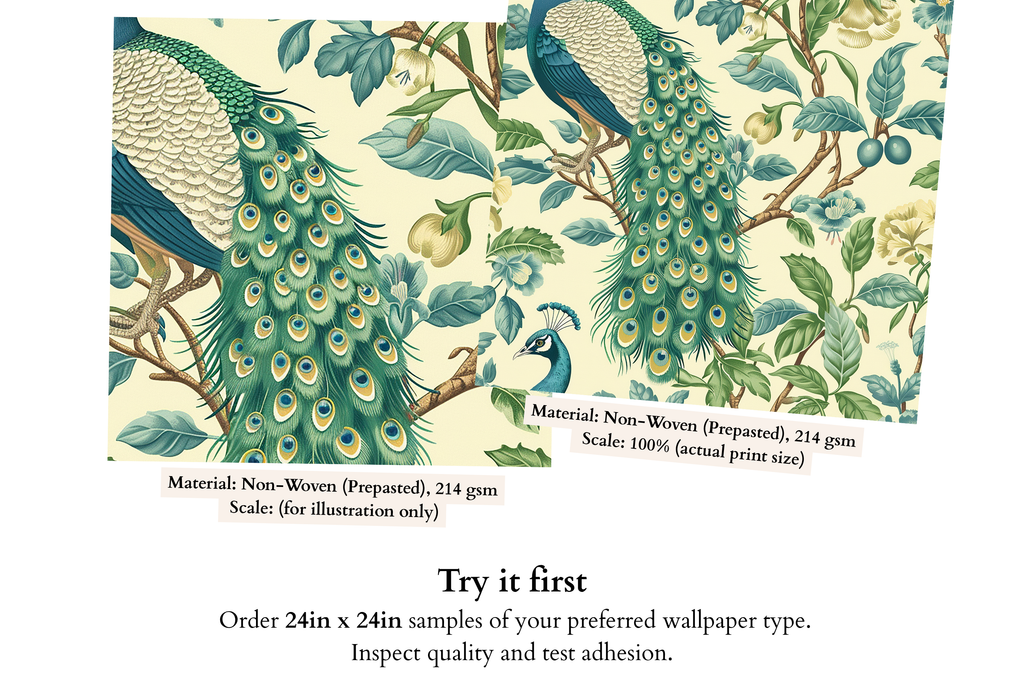 Close-up detail of peacock tail feather eyespots in emerald and gold with sapphire blue plumage and ivory botanical blossoms on chinoiserie wallpaper — high-definition fade-resistant print by WallpaperPixi