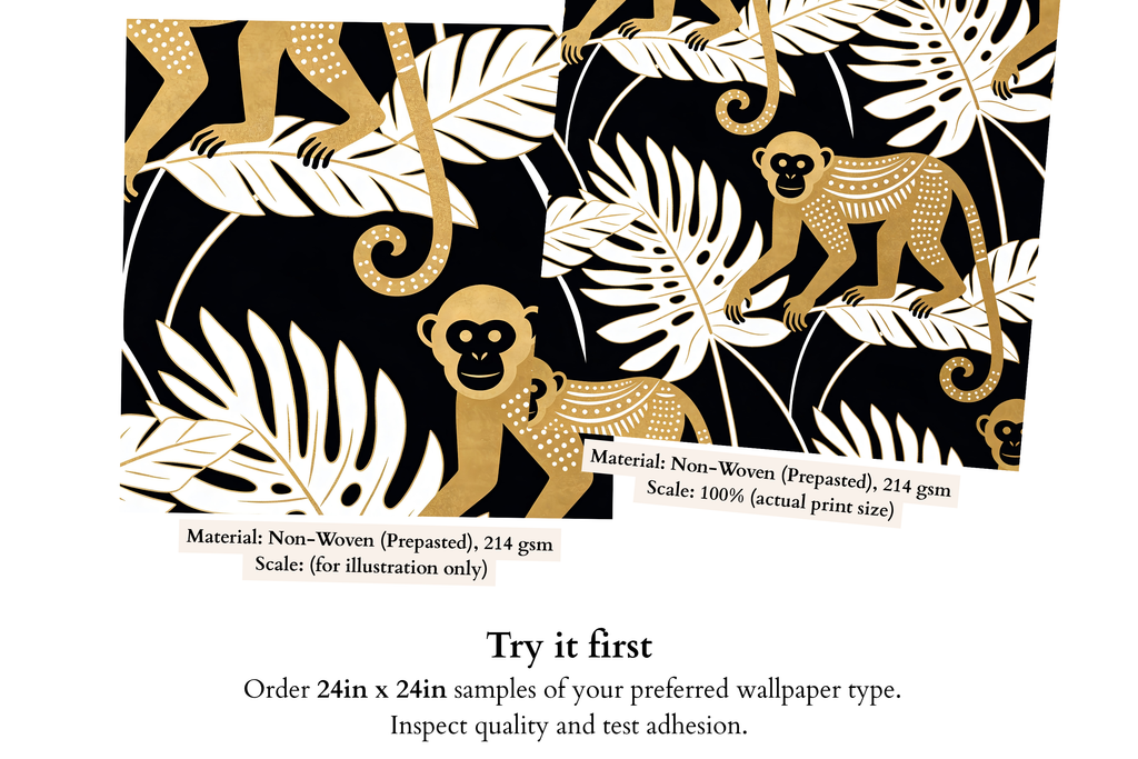 Close-up detail of stylised golden monkey with decorative tribal dot patterning and white monstera frond on deep black jungle wallpaper — high-definition graphic fade-resistant print by WallpaperPixi