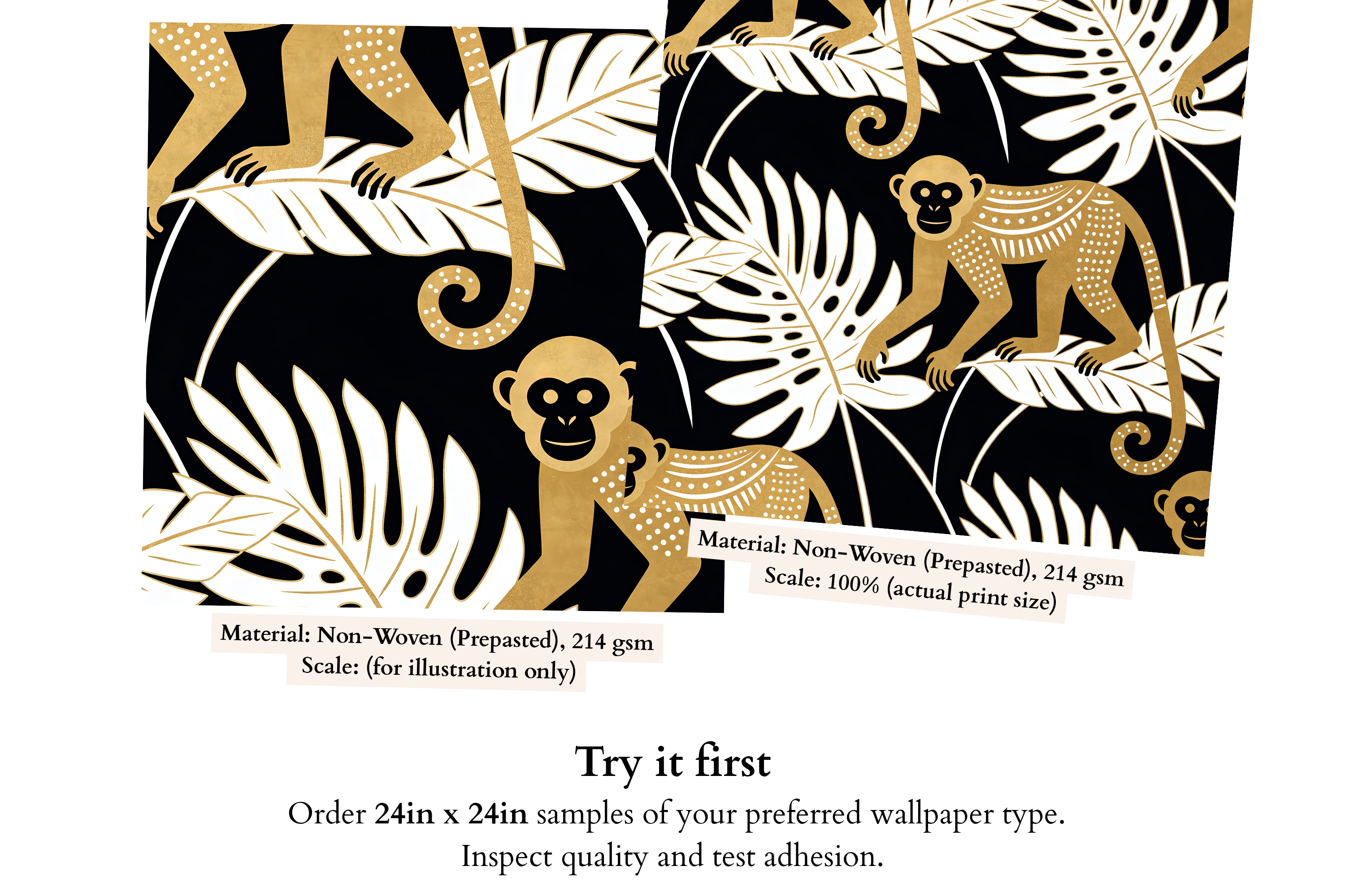 Close-up detail of stylised golden monkey with decorative tribal dot patterning and white monstera frond on deep black jungle wallpaper — high-definition graphic fade-resistant print by WallpaperPixi
