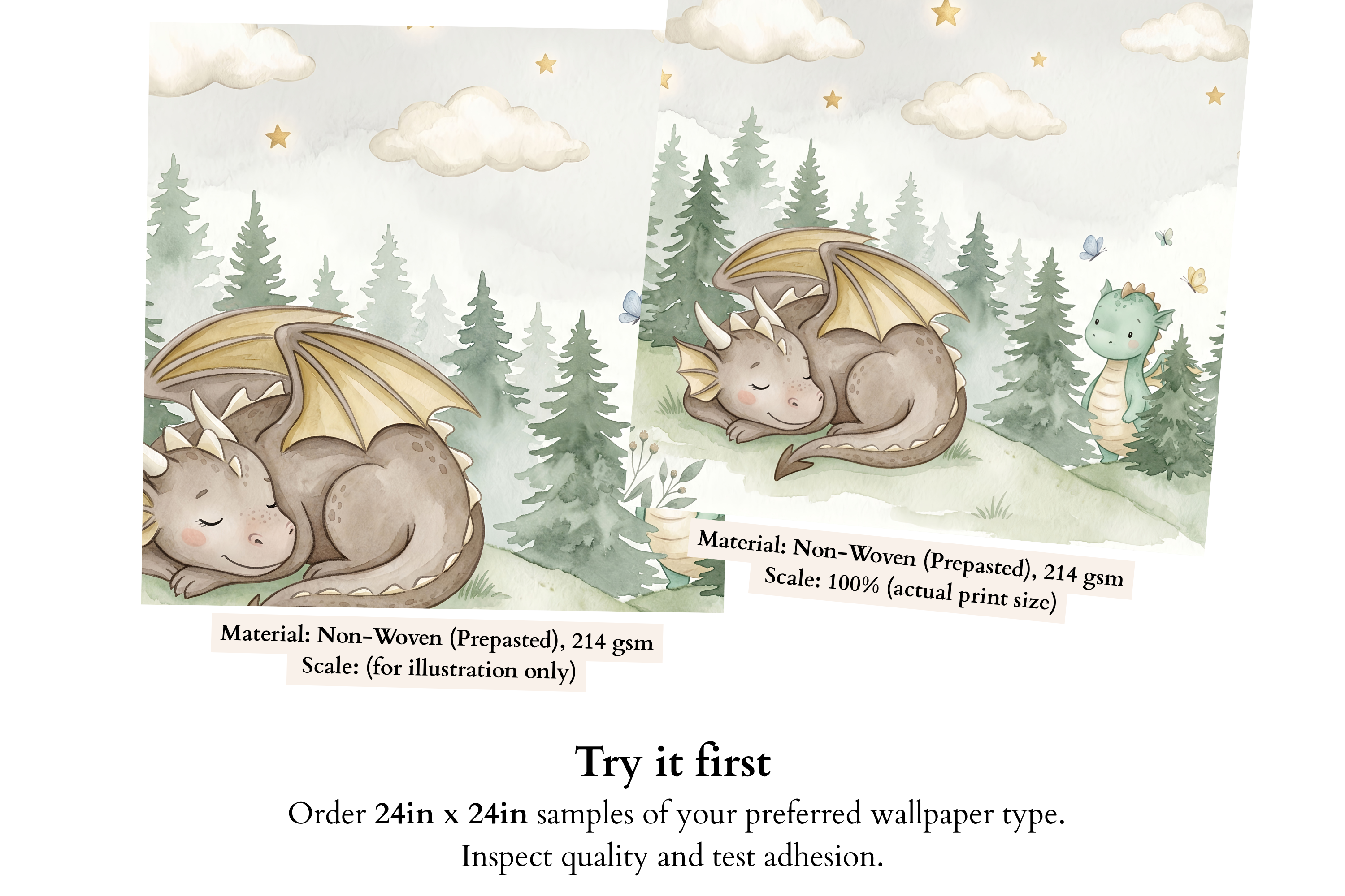 Baby Dragon Nursery Wall Mural | Watercolour Fantasy Forest Peel and Stick Wallpaper