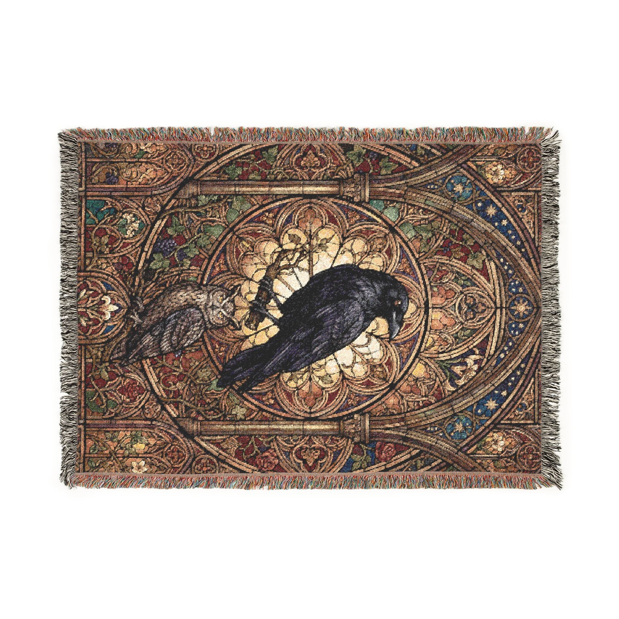 Gothic Raven & Owl Stained Glass Woven Throw Blanket Mystical Cathedral Tapestry