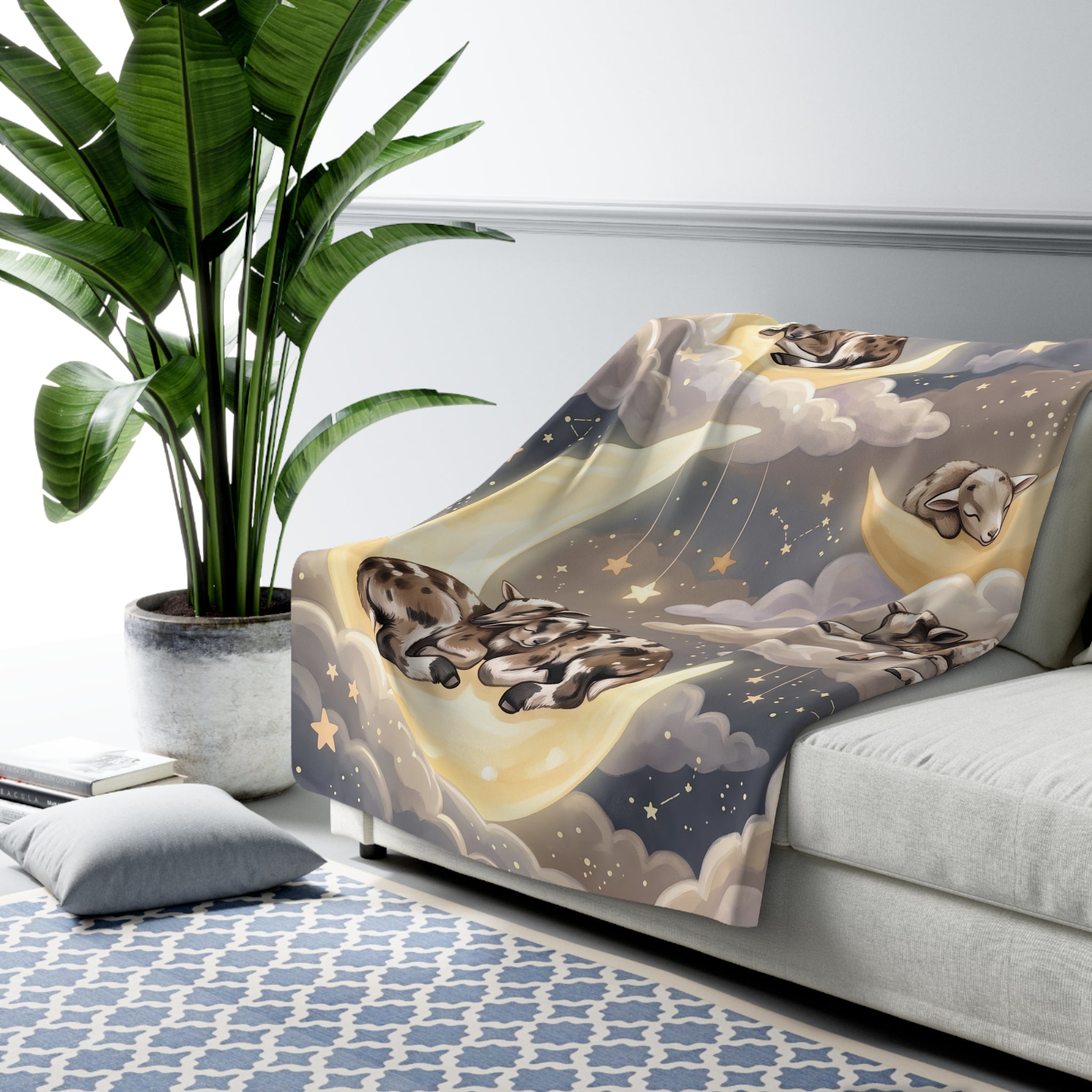 Dreamy Moon & Spotted Lambs Sherpa Fleece Blanket Starry Night Nursery Throw