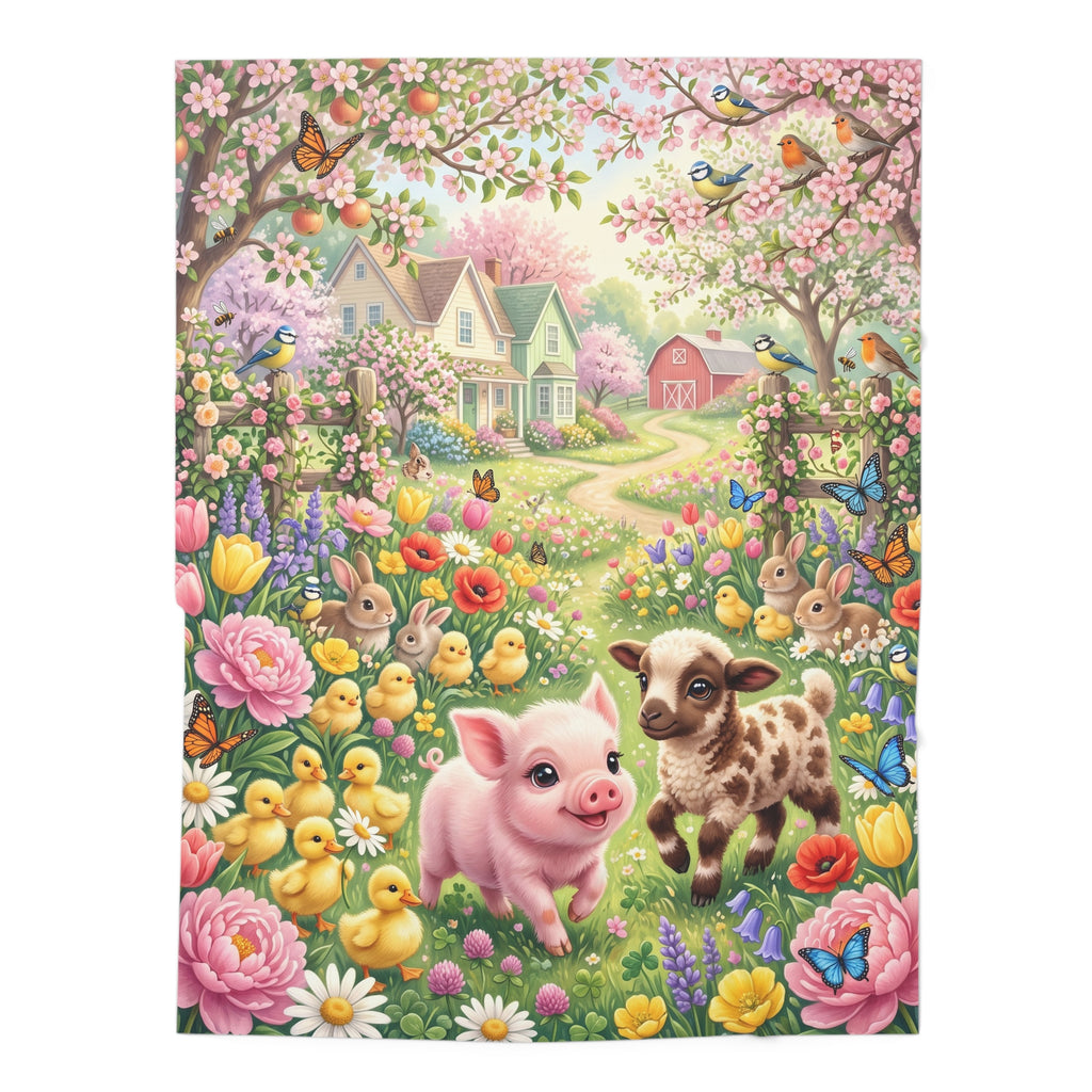Storybook Spring Farm Animals Jersey Baby Swaddle Blanket Meadow Nursery Throw