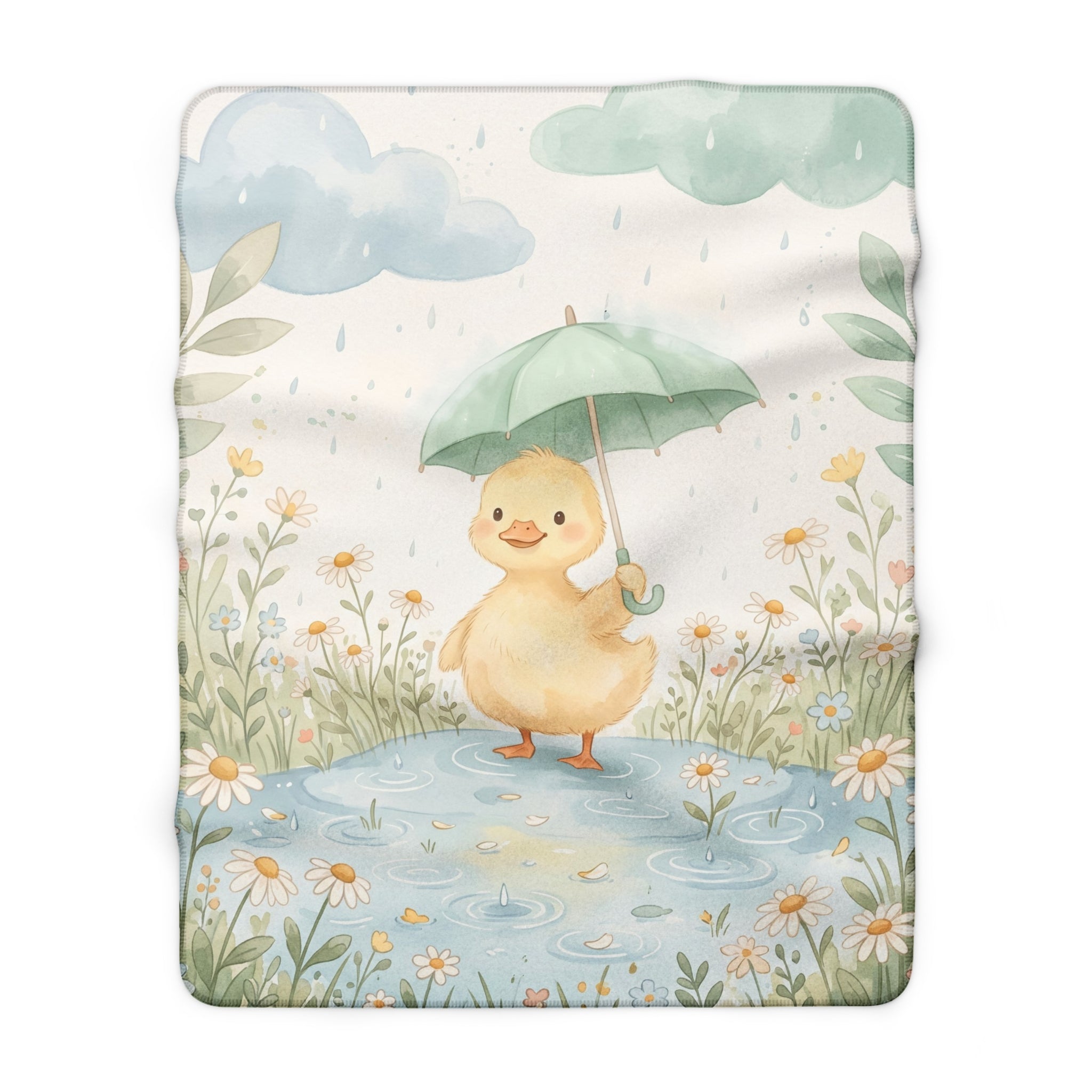 Watercolor Rainy Day Duckling Sherpa Fleece Blanket Cute Spring Marshmallow Throw