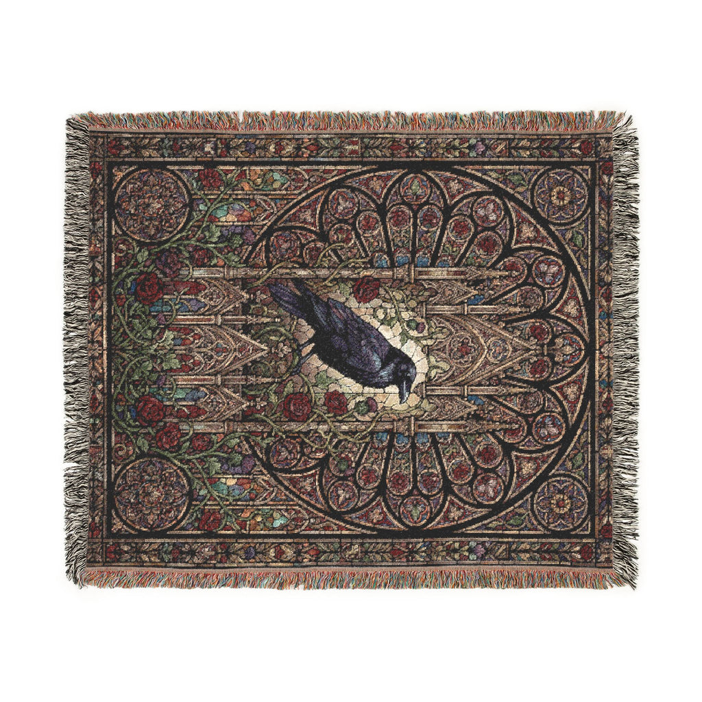 Gothic Raven Stained Glass Woven Throw Blanket  Dark Academia Tapestry