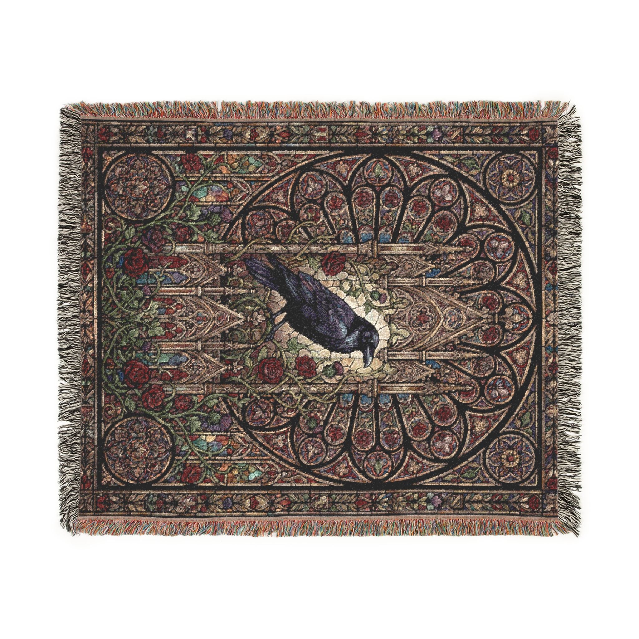 Gothic Raven Stained Glass Woven Throw Blanket  Dark Academia Tapestry
