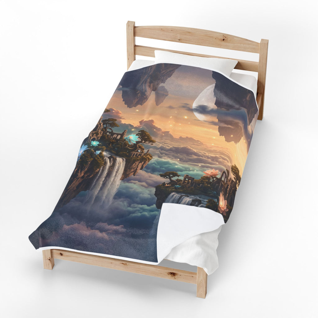 Fantasy Floating Island Plush Throw Blanket Dreamy Lotus Waterfall Velvety Blanket
