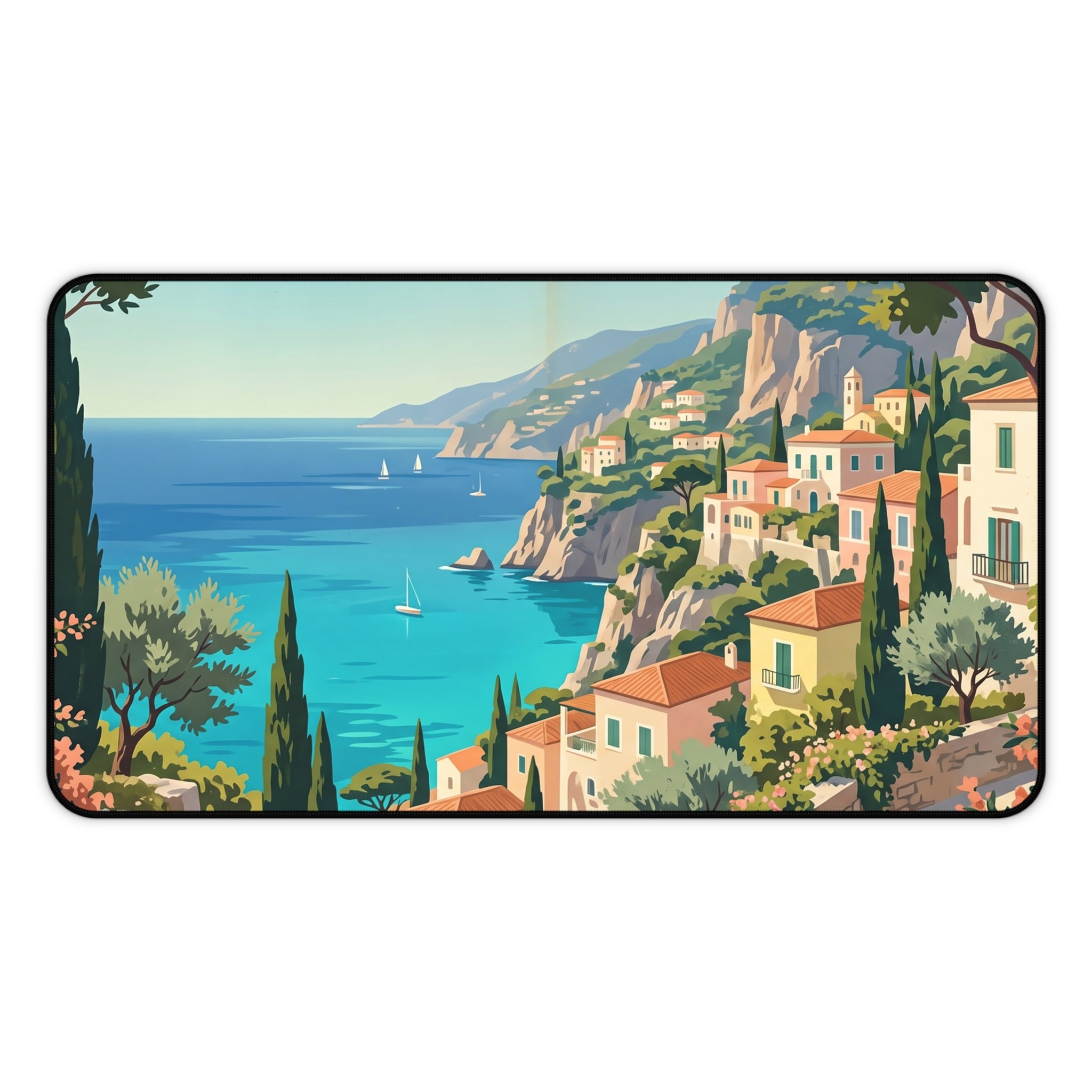 Mediterranean Coastal Village Desk Mat Vintage Italian Riviera Art Workspace Pad