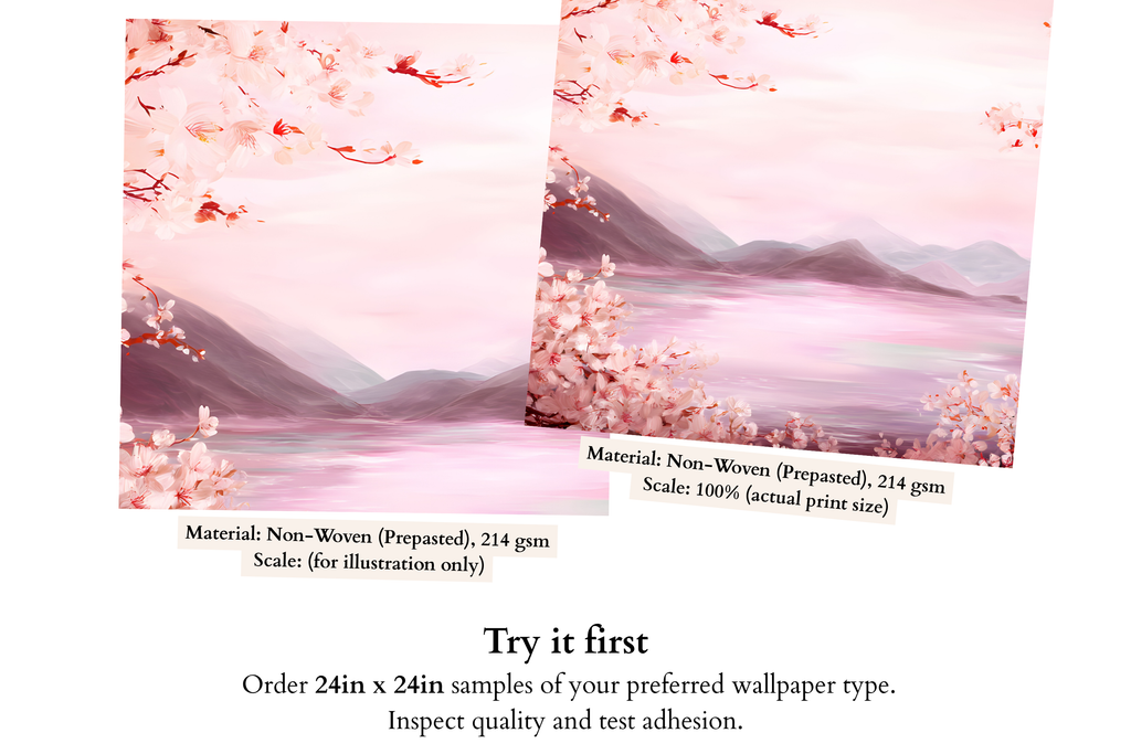 Cherry Blossom Mountain Lake Wall Mural | Pink Sakura Landscape Peel and Stick Wallpaper