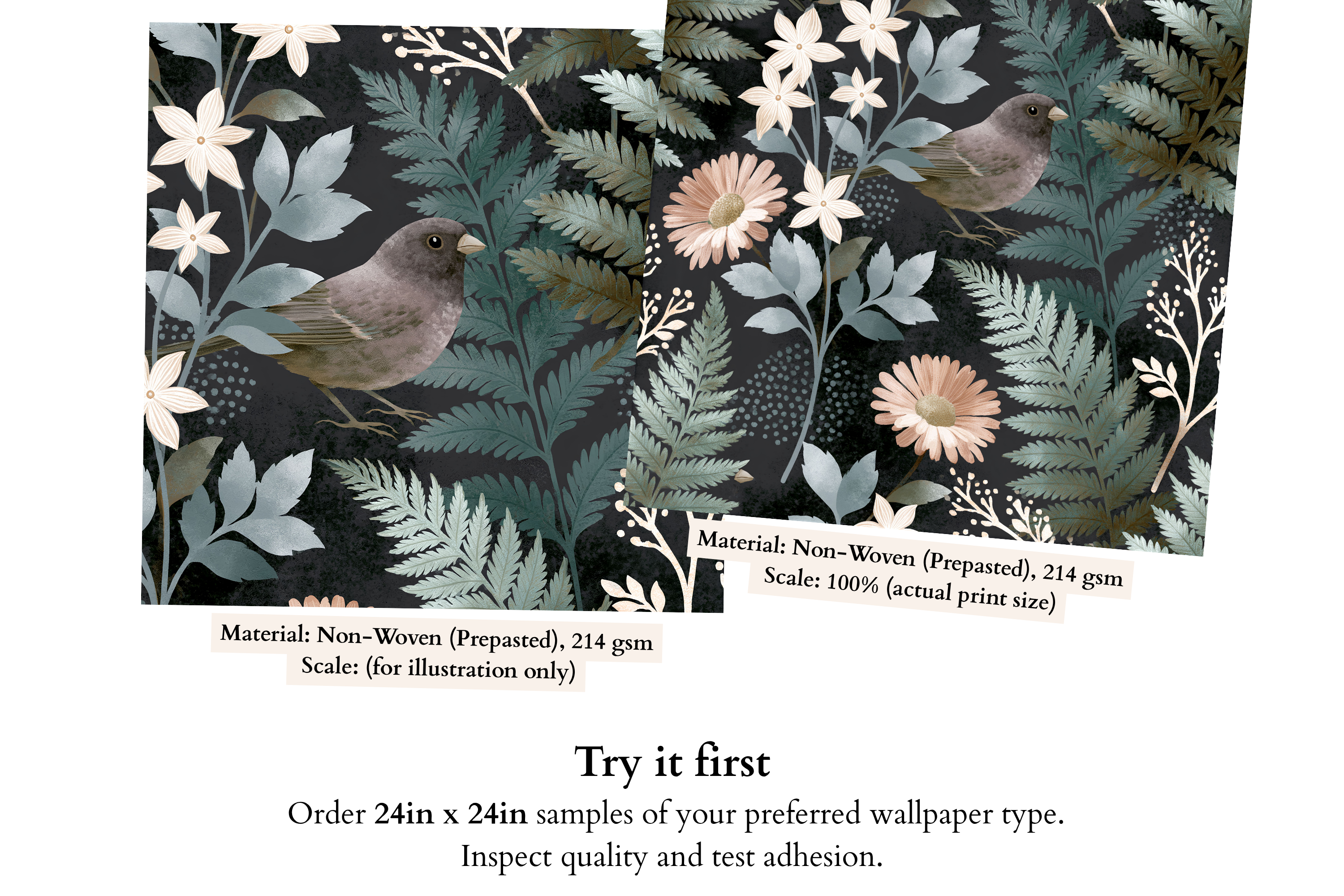 Close-up detail of small perched songbird, ivory star flowers, and sage fern fronds on dark charcoal botanical wallpaper — high-definition painterly fade-resistant print by WallpaperPixi