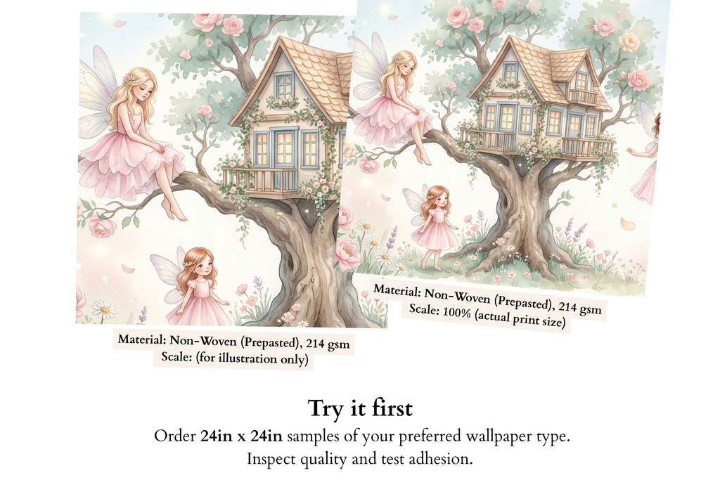 Fairy Treehouse Peel and Stick Wall Mural, Watercolor Pink Girls Nursery Wallpaper