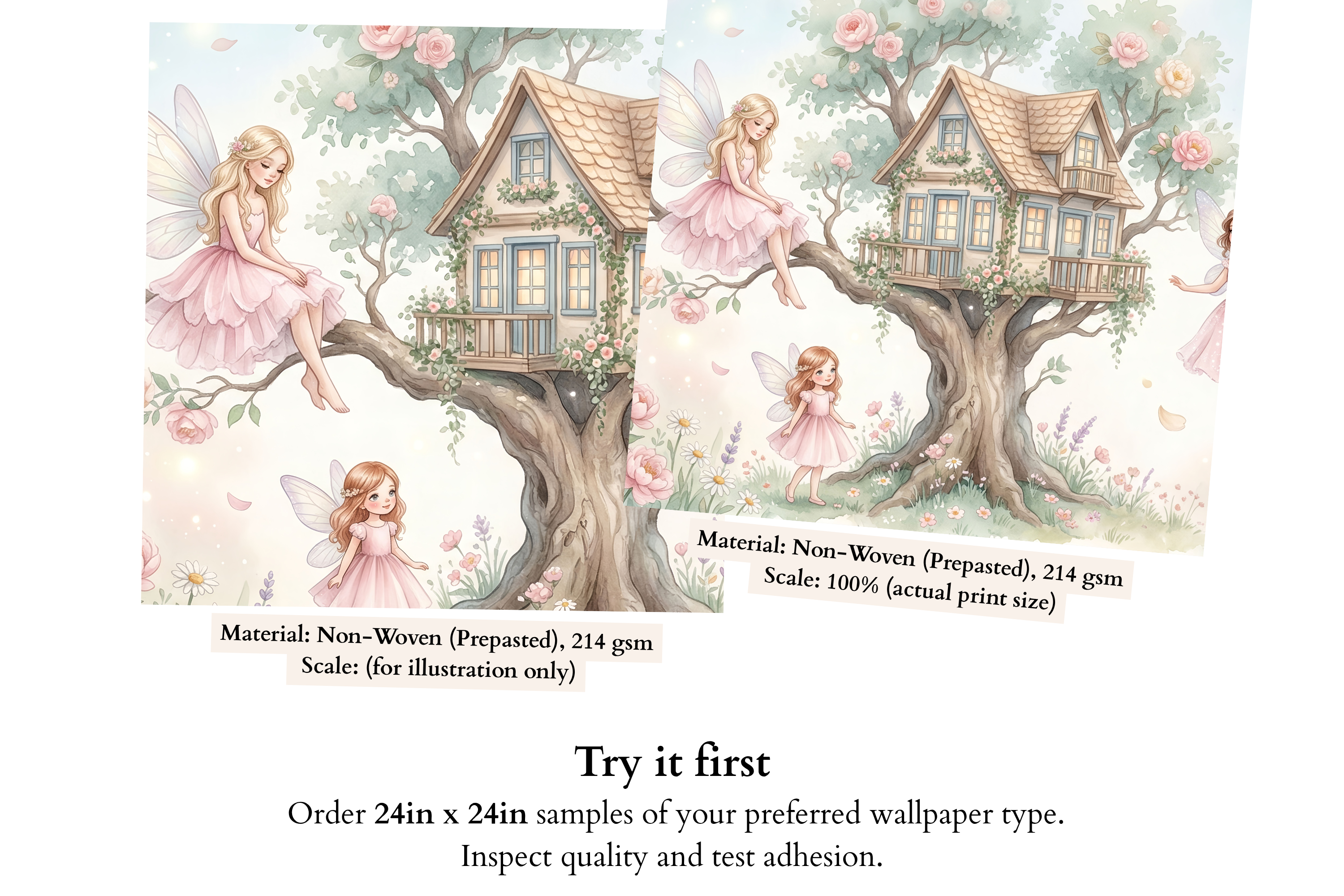 Fairy Treehouse Peel and Stick Wall Mural, Watercolor Pink Girls Nursery Wallpaper