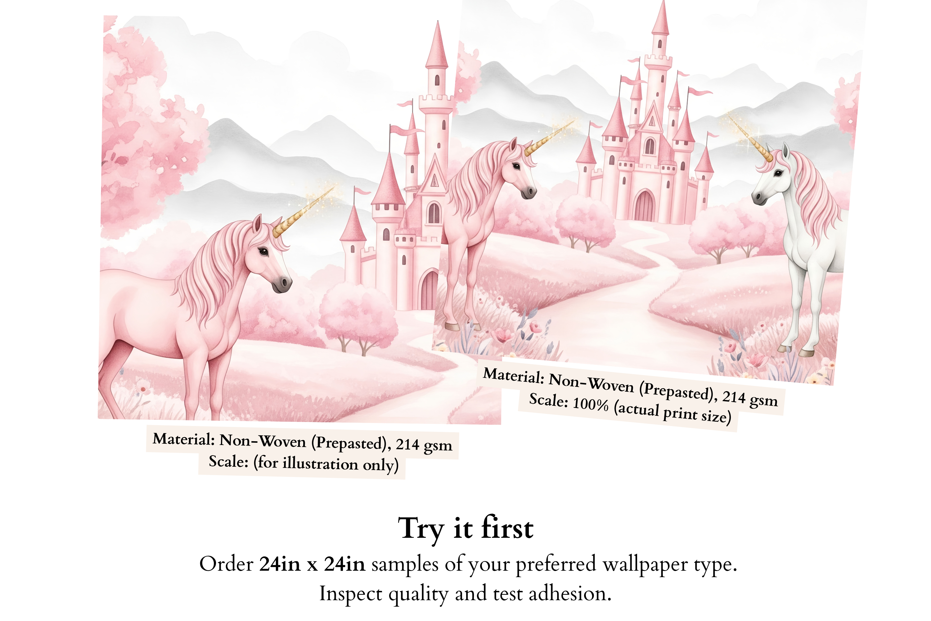 Pink Unicorn Castle Wall Mural Girls Nursery Watercolour Peel and Stick Wallpaper