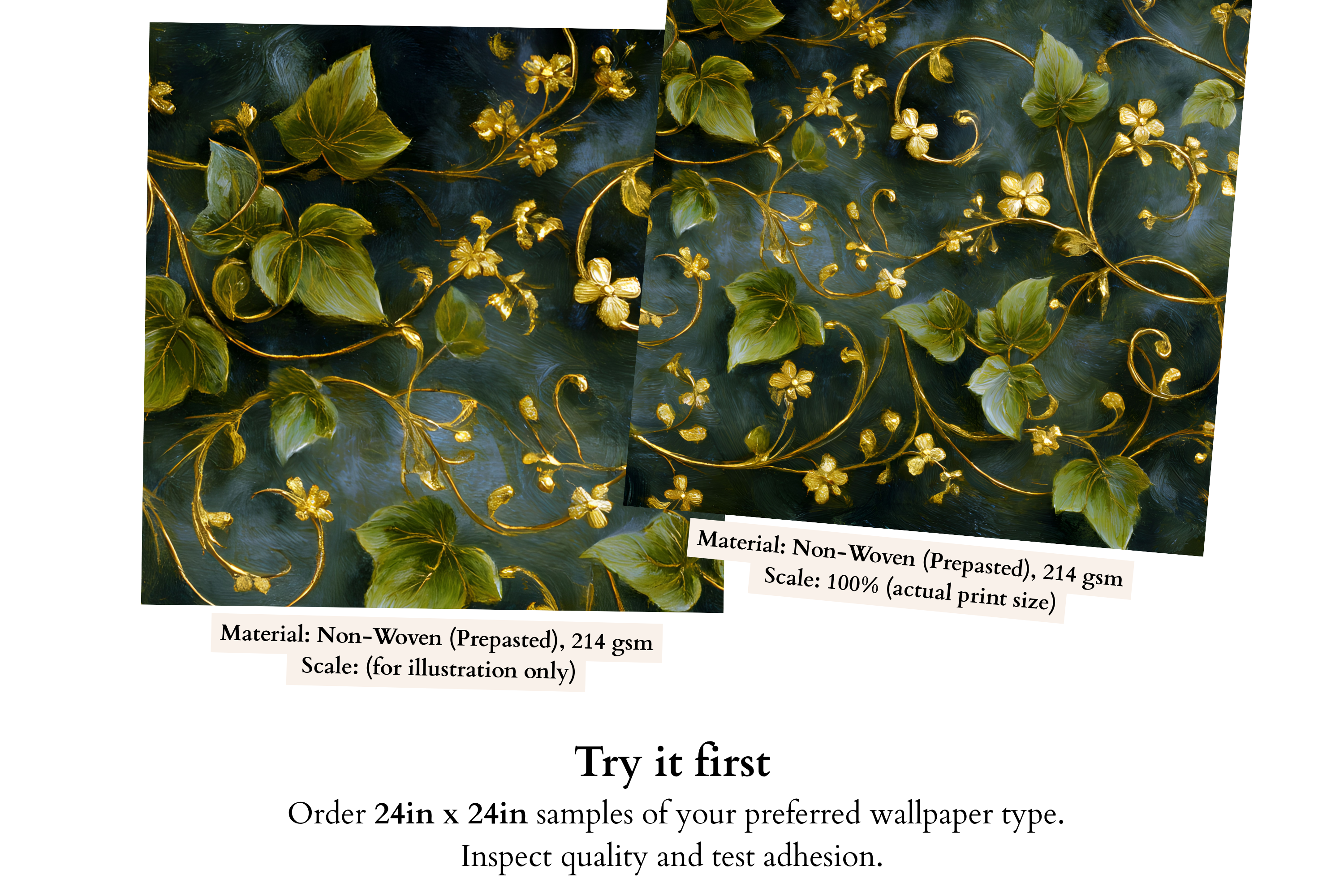 Dark Green and Gold Ivy Wall Mural | Botanical Oil Painting Peel and Stick Luxury Wallpaper