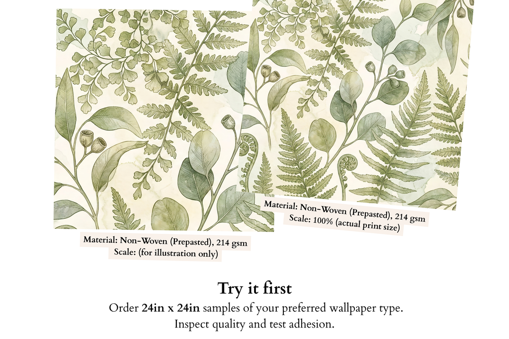 Sage Green Botanical Wall Mural | Fern and Eucalyptus Watercolour Peel and Stick Wallpaper