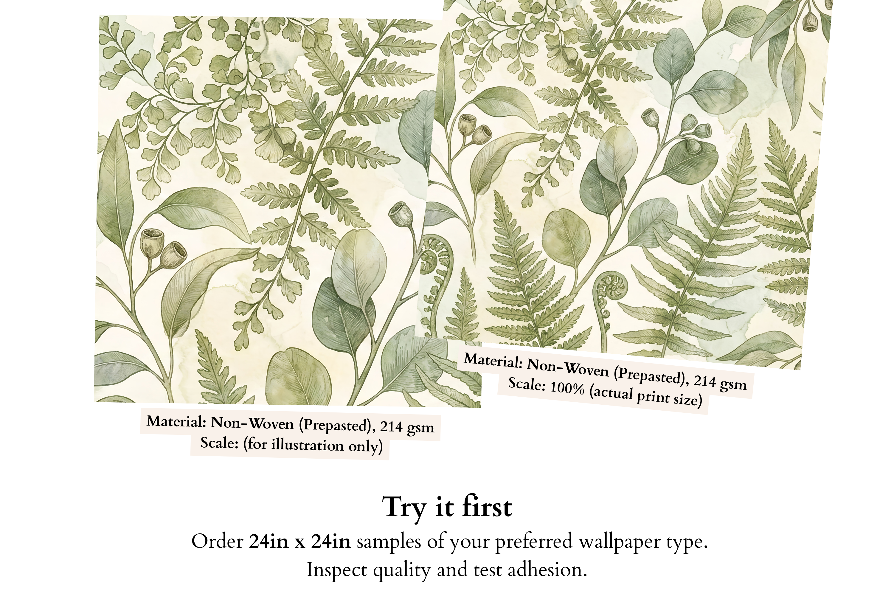 Sage Green Botanical Wall Mural | Fern and Eucalyptus Watercolour Peel and Stick Wallpaper