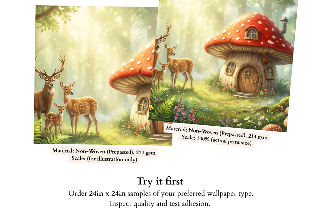 Woodland Mushroom House Peel and Stick Wallpaper, Forest Animals Nursery Mural for Kids