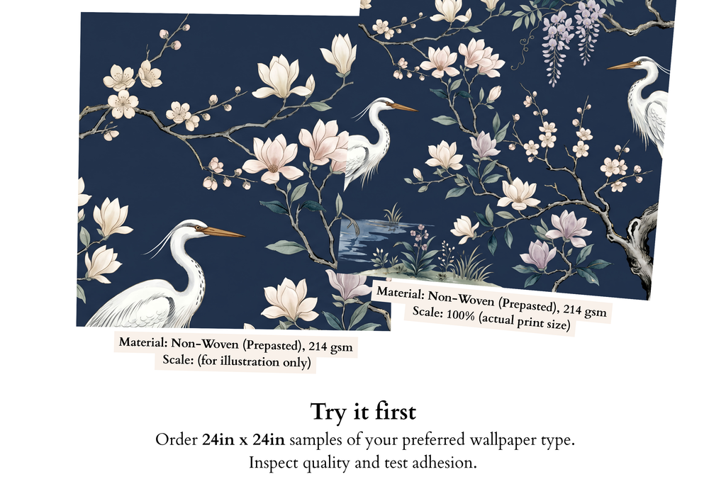 Chinoiserie Heron Wallpaper Mural, Navy Blue Magnolia & Blossom Bird Wall Art for Living Room and Bedroom