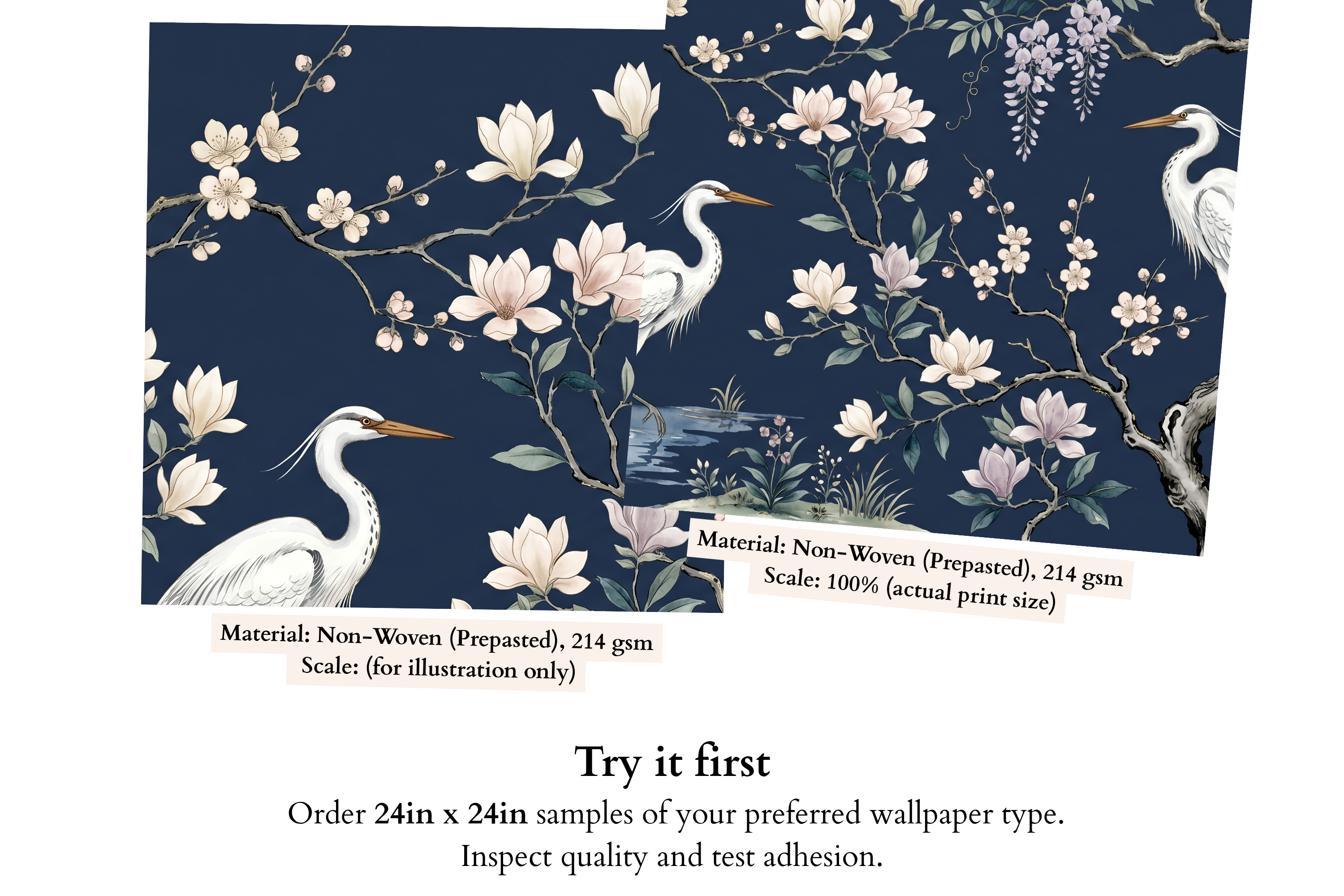 Chinoiserie Heron Wallpaper Mural, Navy Blue Magnolia & Blossom Bird Wall Art for Living Room and Bedroom