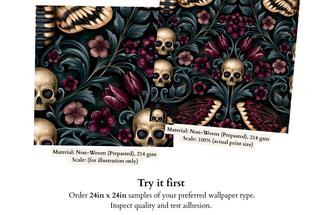 Close-up detail of golden skull, bronze death's-head moth, and burgundy tulip on gothic damask wallpaper — high-definition fade-resistant print by WallpaperPixi