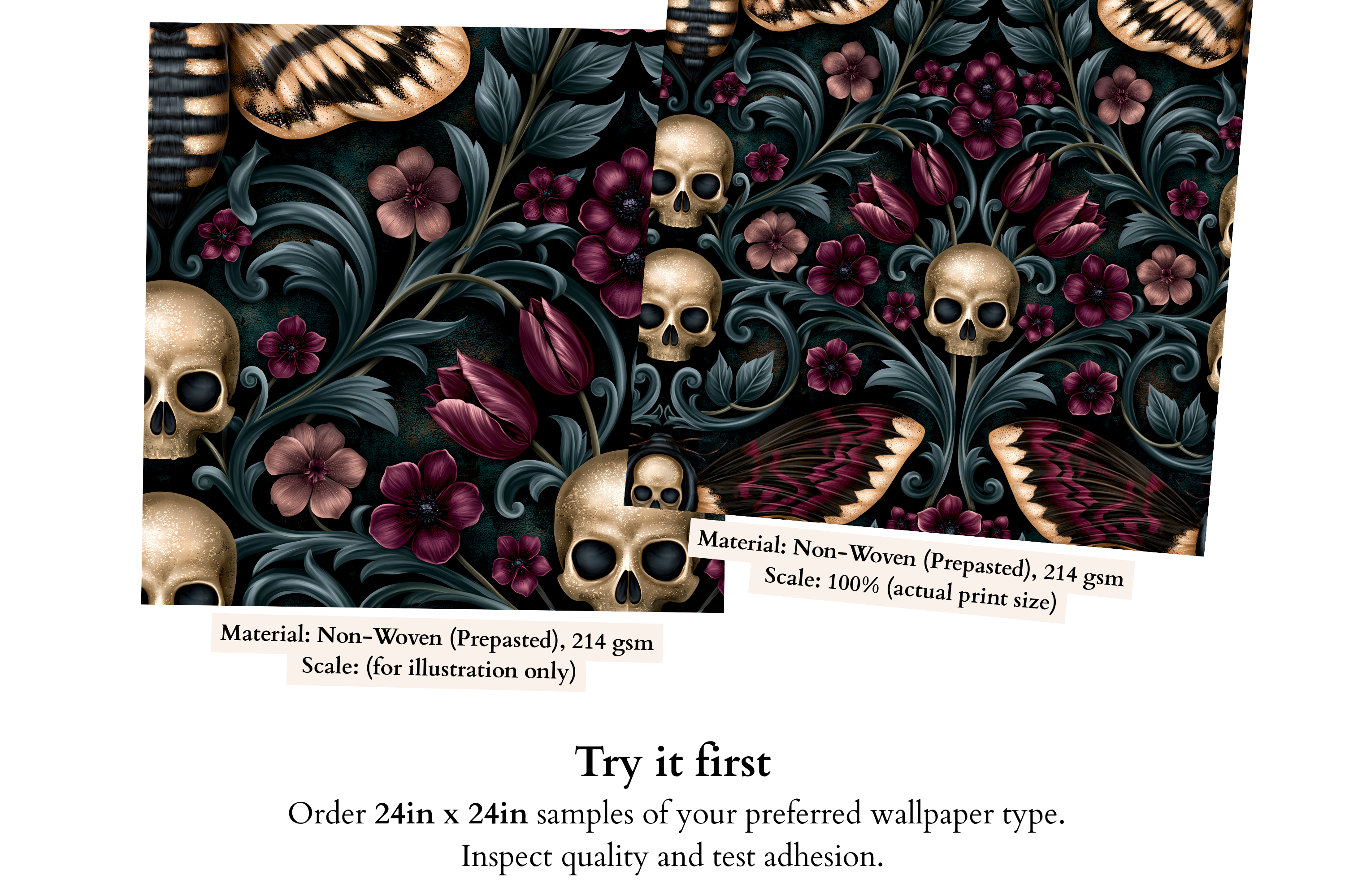 Close-up detail of golden skull, bronze death's-head moth, and burgundy tulip on gothic damask wallpaper — high-definition fade-resistant print by WallpaperPixi