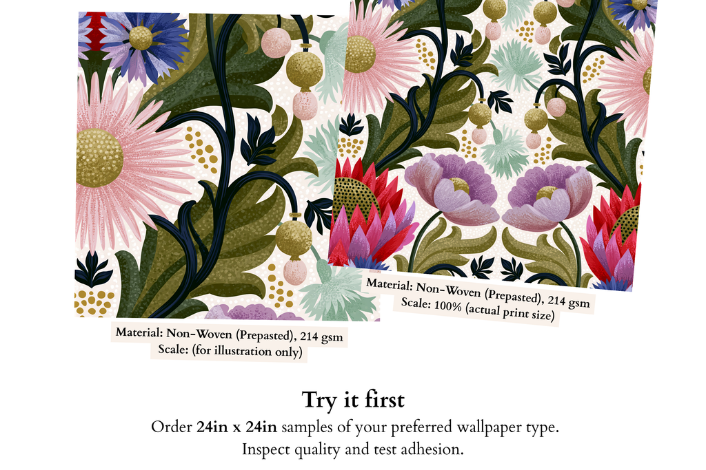 Close-up detail of blush daisy with golden centre, lavender peony, and indigo scrollwork on folk botanical maximalist wallpaper — high-definition fade-resistant print by WallpaperPixi
