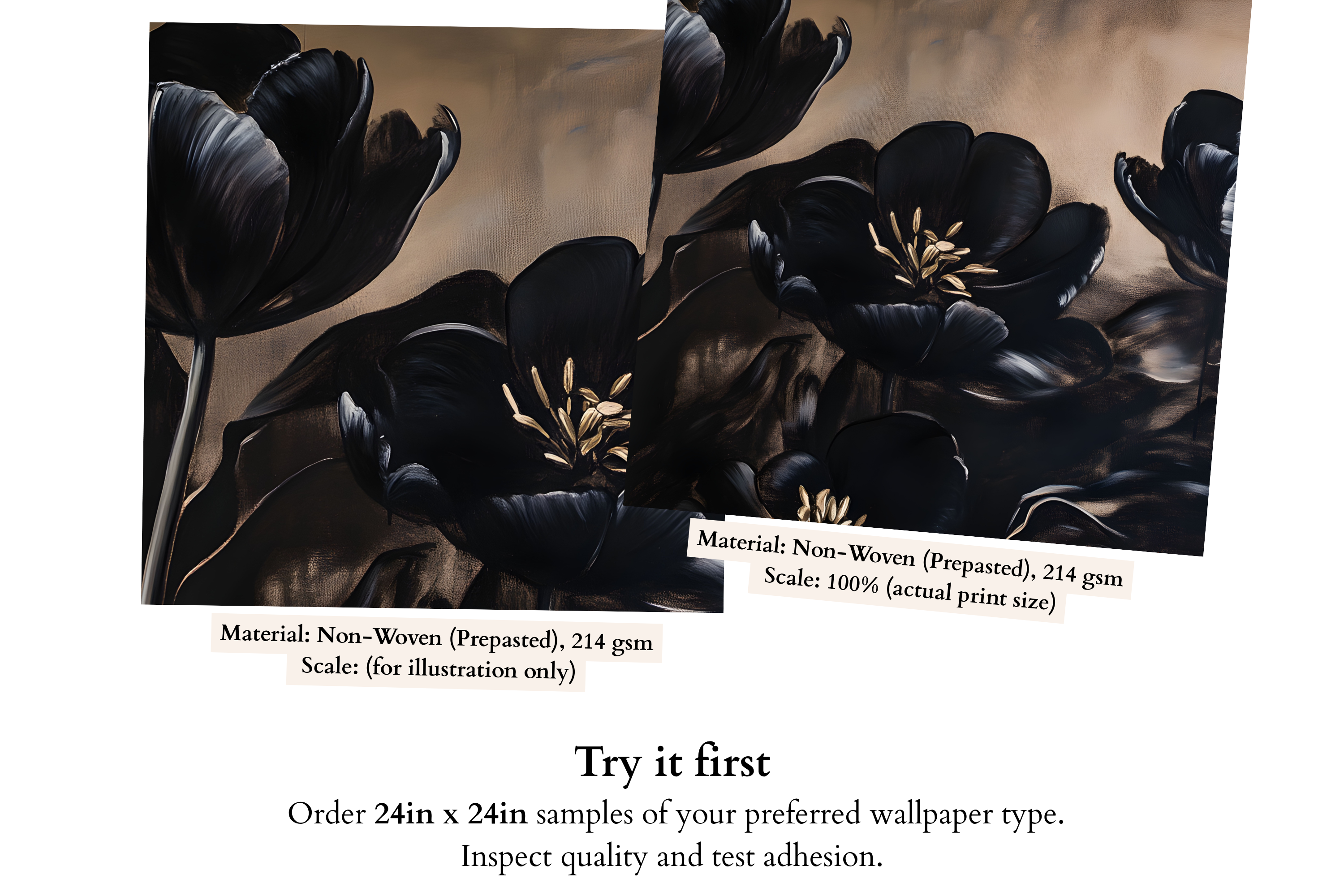 Dark Tulip Oil Painting Wall Mural | Moody Black Floral Gold Peel and Stick Wallpaper