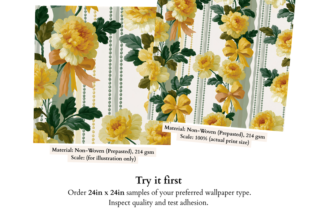 Close-up detail of painted yellow rose garland with silk bow, sage vertical stripe, and beaded pearl trail on French provincial vintage wallpaper — high-definition fade-resistant print by WallpaperPixi