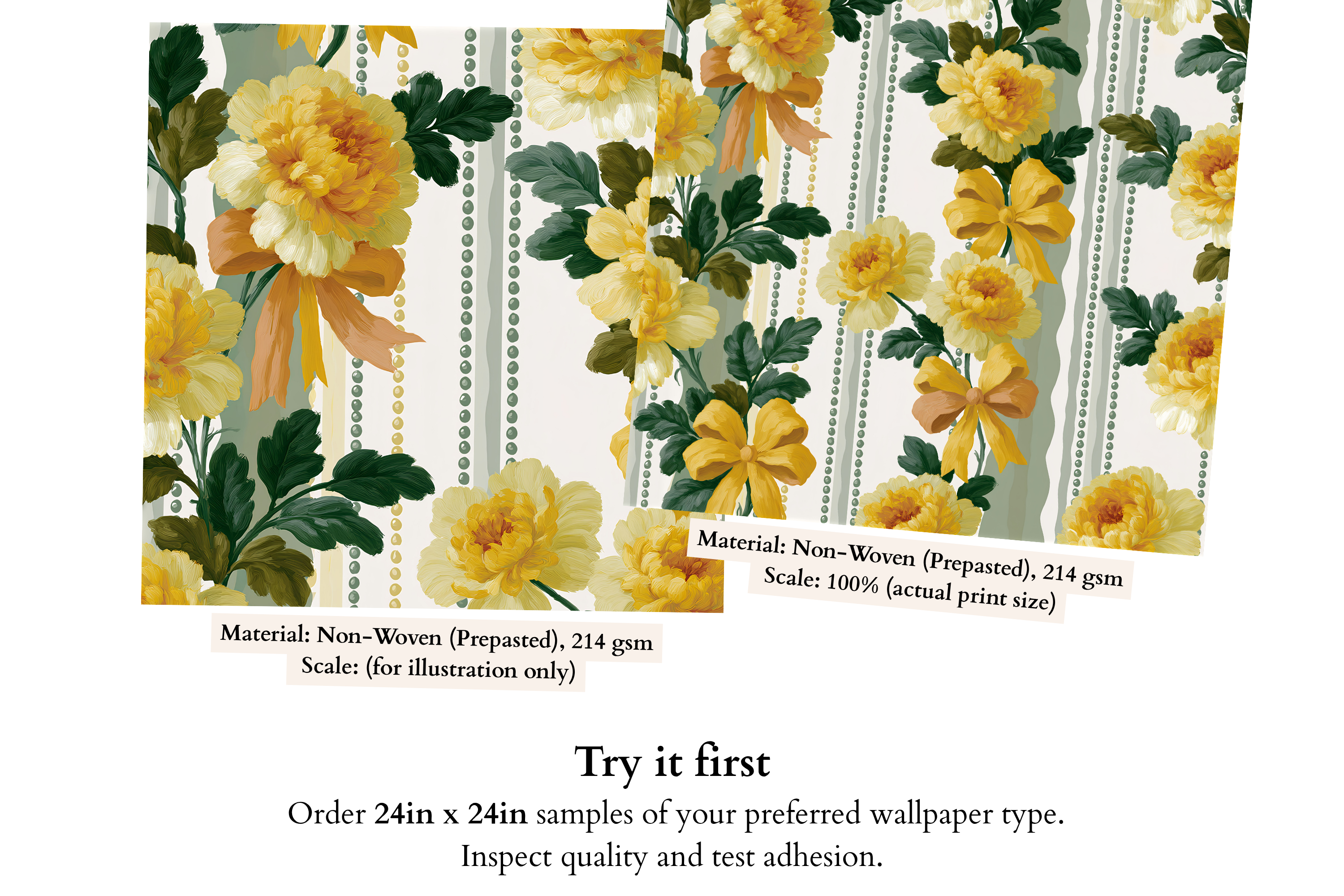 Close-up detail of painted yellow rose garland with silk bow, sage vertical stripe, and beaded pearl trail on French provincial vintage wallpaper — high-definition fade-resistant print by WallpaperPixi