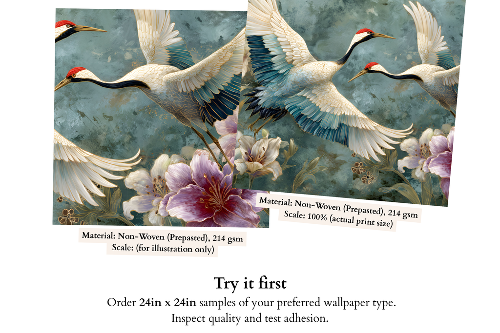 Japanese Crane and Lily Wall Mural | Teal Chinoiserie Bird Floral Peel and Stick Wallpaper