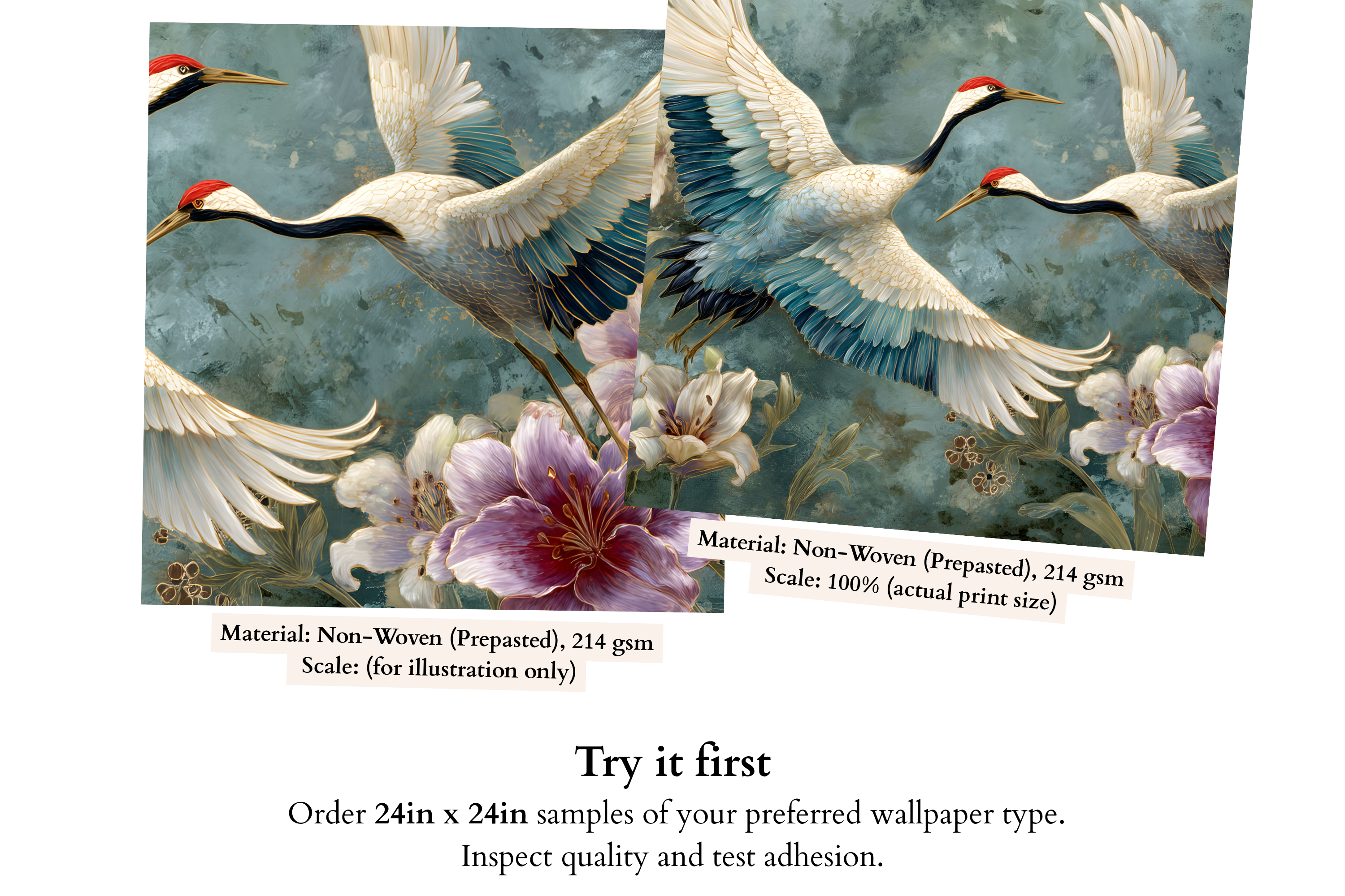 Japanese Crane and Lily Wall Mural | Teal Chinoiserie Bird Floral Peel and Stick Wallpaper